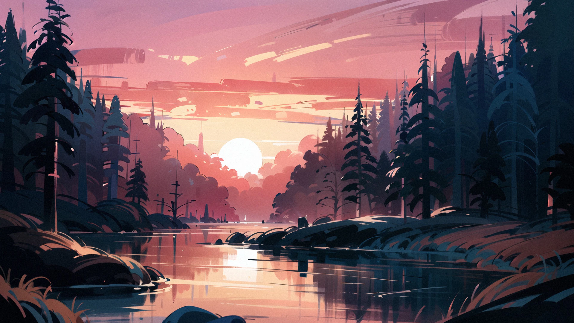 A dreamy pastel sunset melts over a still forest lake, painted in soft vintage marker strokes and warm glowing light.
