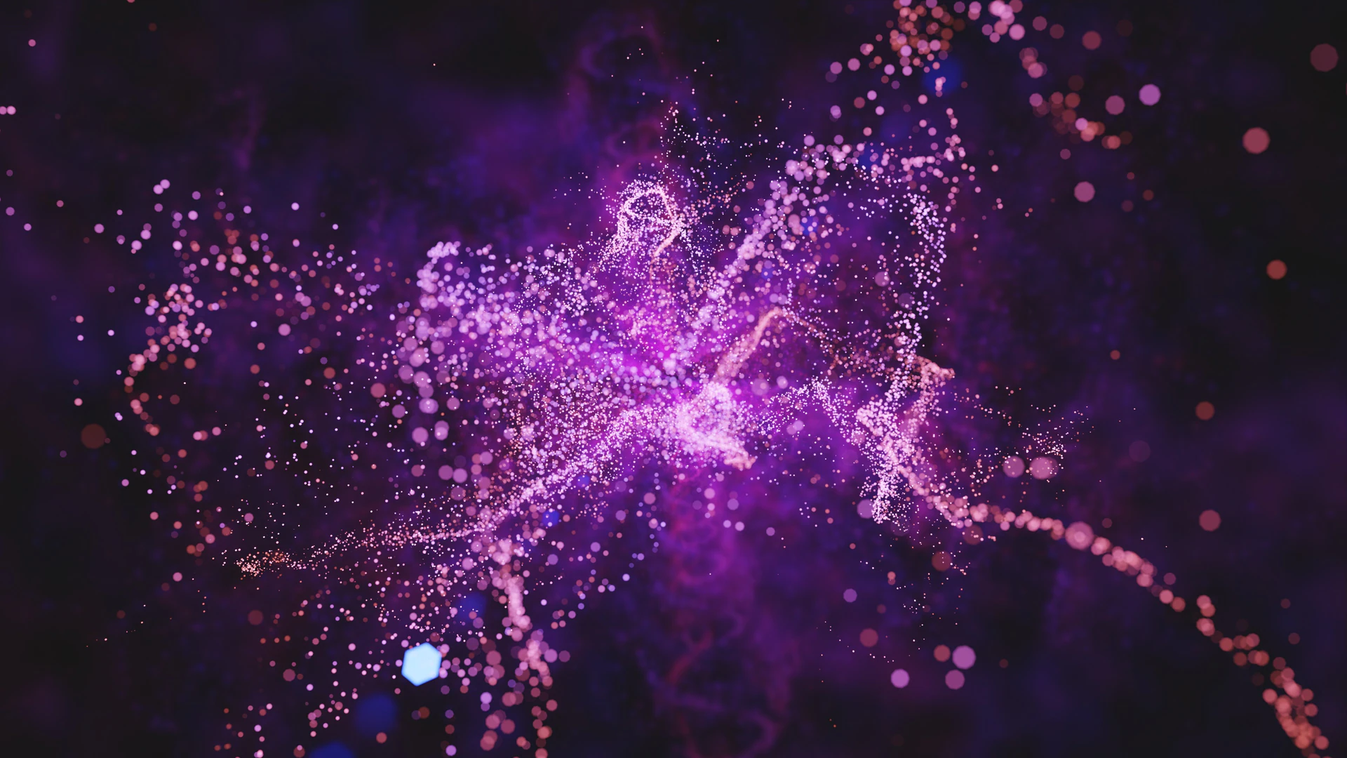 A mesmerizing explosion of purple and pink particles glowing against a dark void, perfect for adding cosmic energy to any screen.