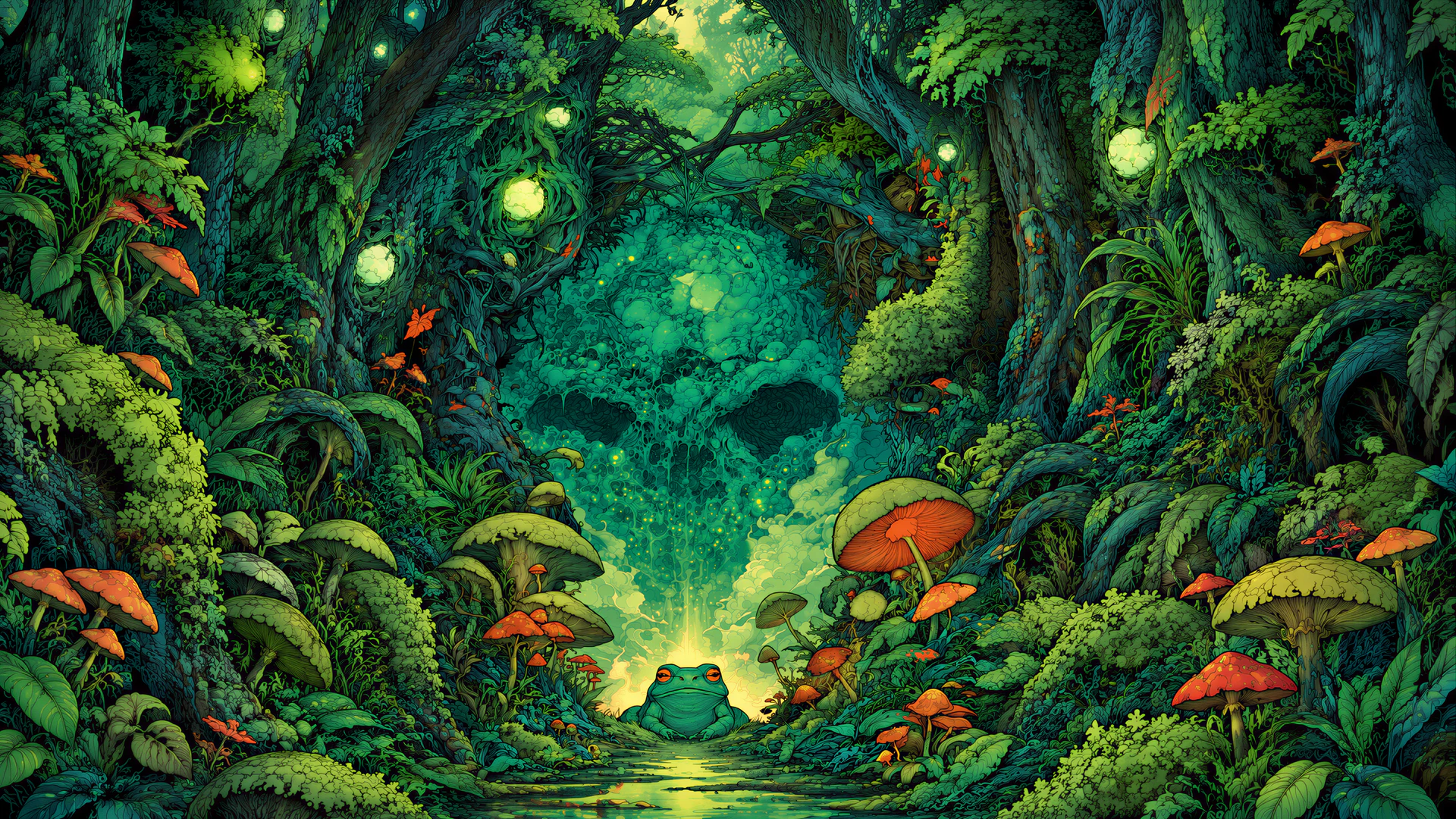 A tiny frog rests in a glowing forest hollow, framed by ancient trees, vibrant moss, and jewel-toned mushrooms. Mystical firefly light fills this lush fantas…