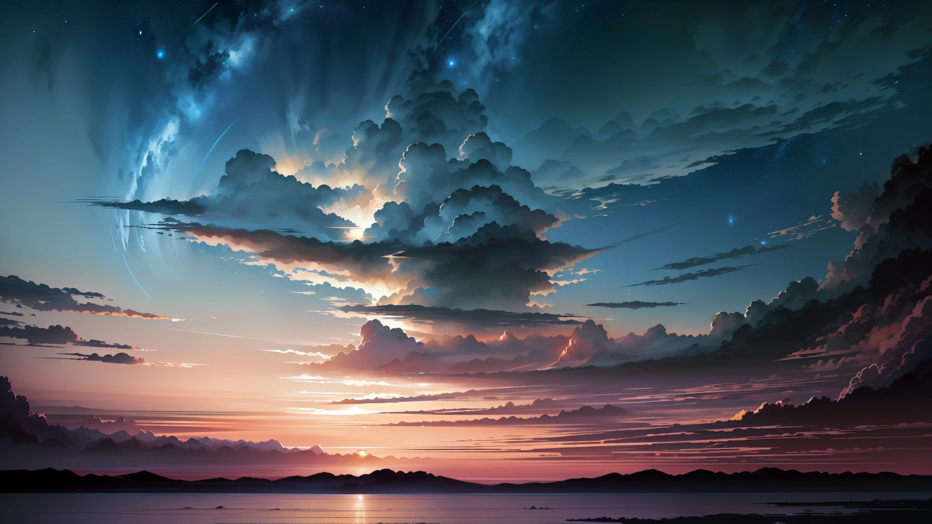 A dreamlike sunset melts into a starlit sky, where towering clouds glow gold above silent mountains and still water.