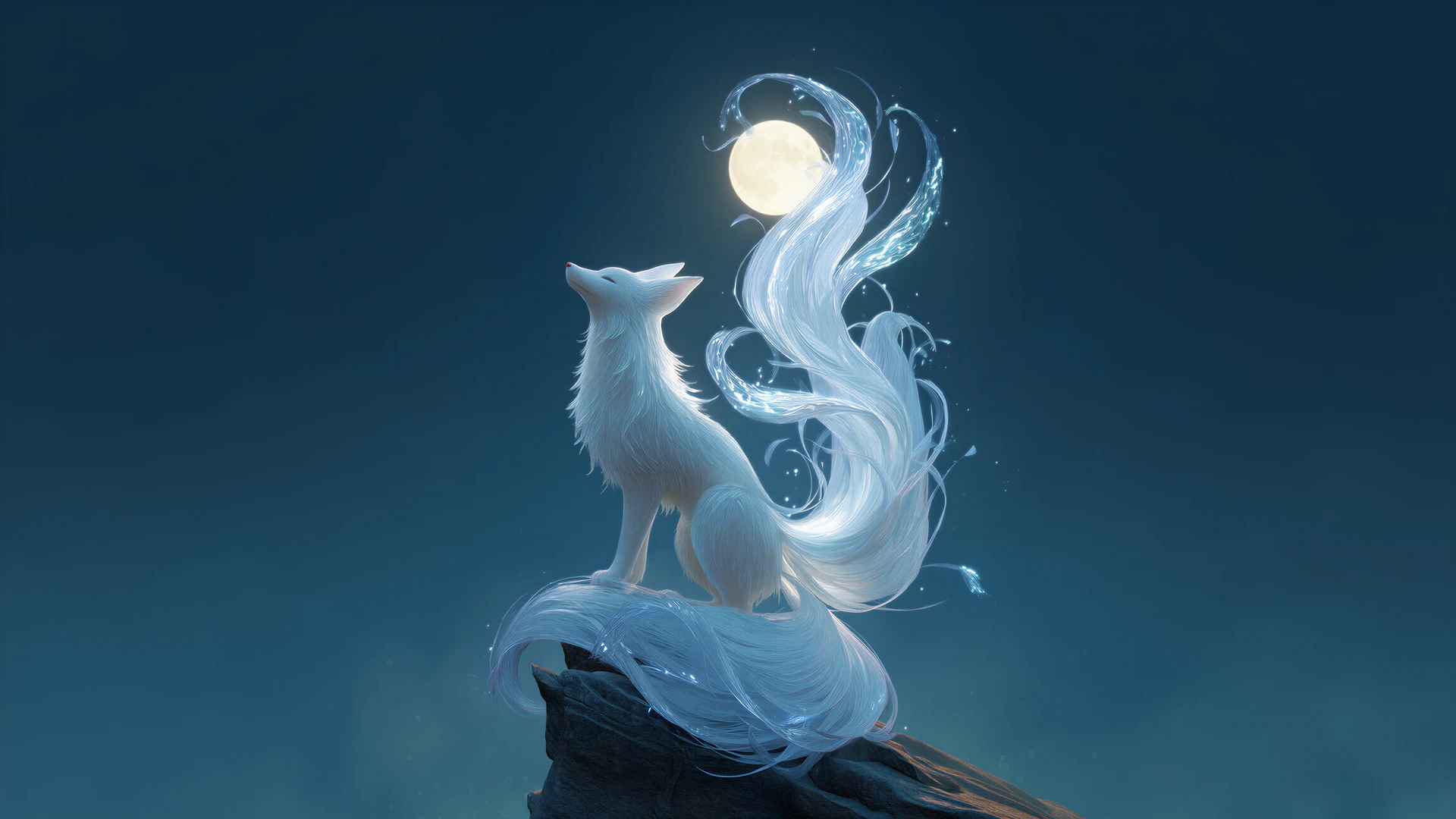 A luminous nine-tailed fox gazes at the full moon from a rocky peak. Flowing silver tails and icy white fur create a mystical, dreamlike night scene.