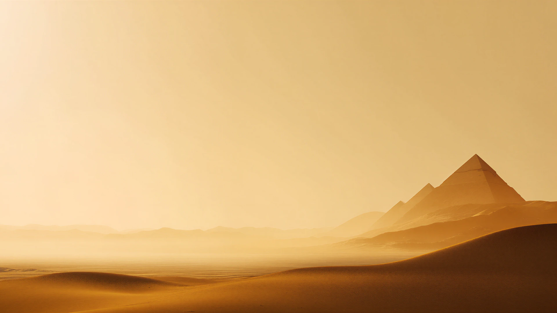 A serene Egyptian desert landscape washed in golden light, with distant pyramids rising through soft haze. Minimalist dunes create a cinematic backdrop with…