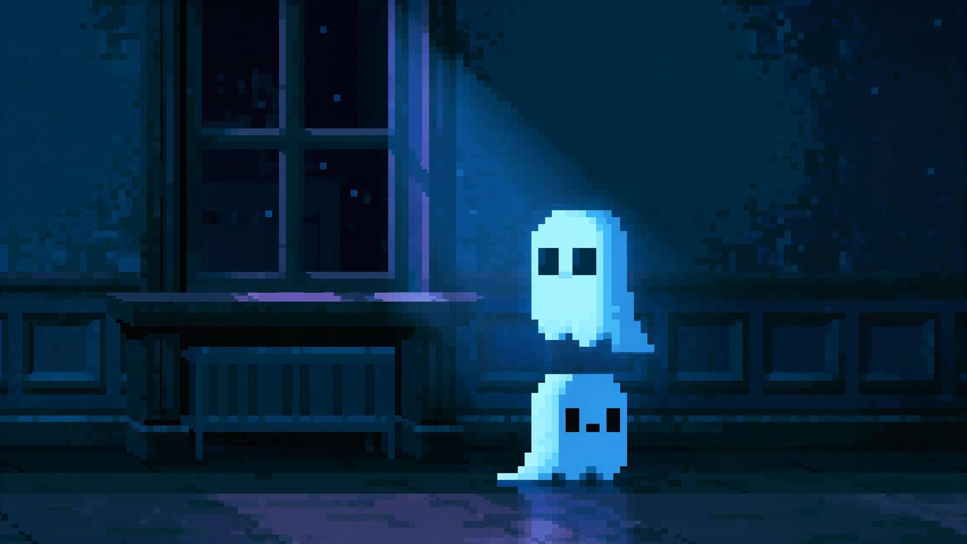 A cozy Thai ghost drifts through a quiet blue alley in charming 16-bit pixel art. Soft cyan glow and violet reflections create a mysterious nighttime mood.