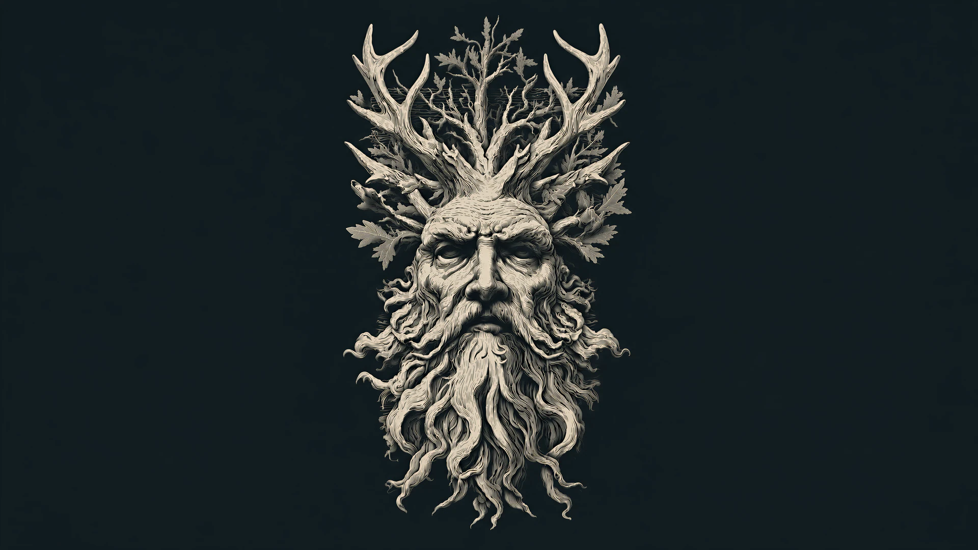 A haunting woodcut portrait of a wild forest deity, crowned with branching antlers and tangled beard. Antique ivory engraving stands stark against a deep cha…