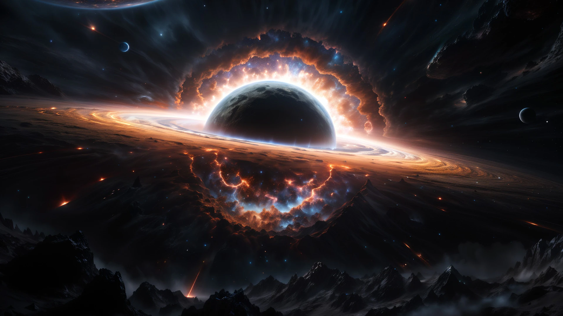 A haunting cosmic vision of a ringed planet torn apart by unimaginable celestial forces, framed by alien mountains under a blazing nebula sky.