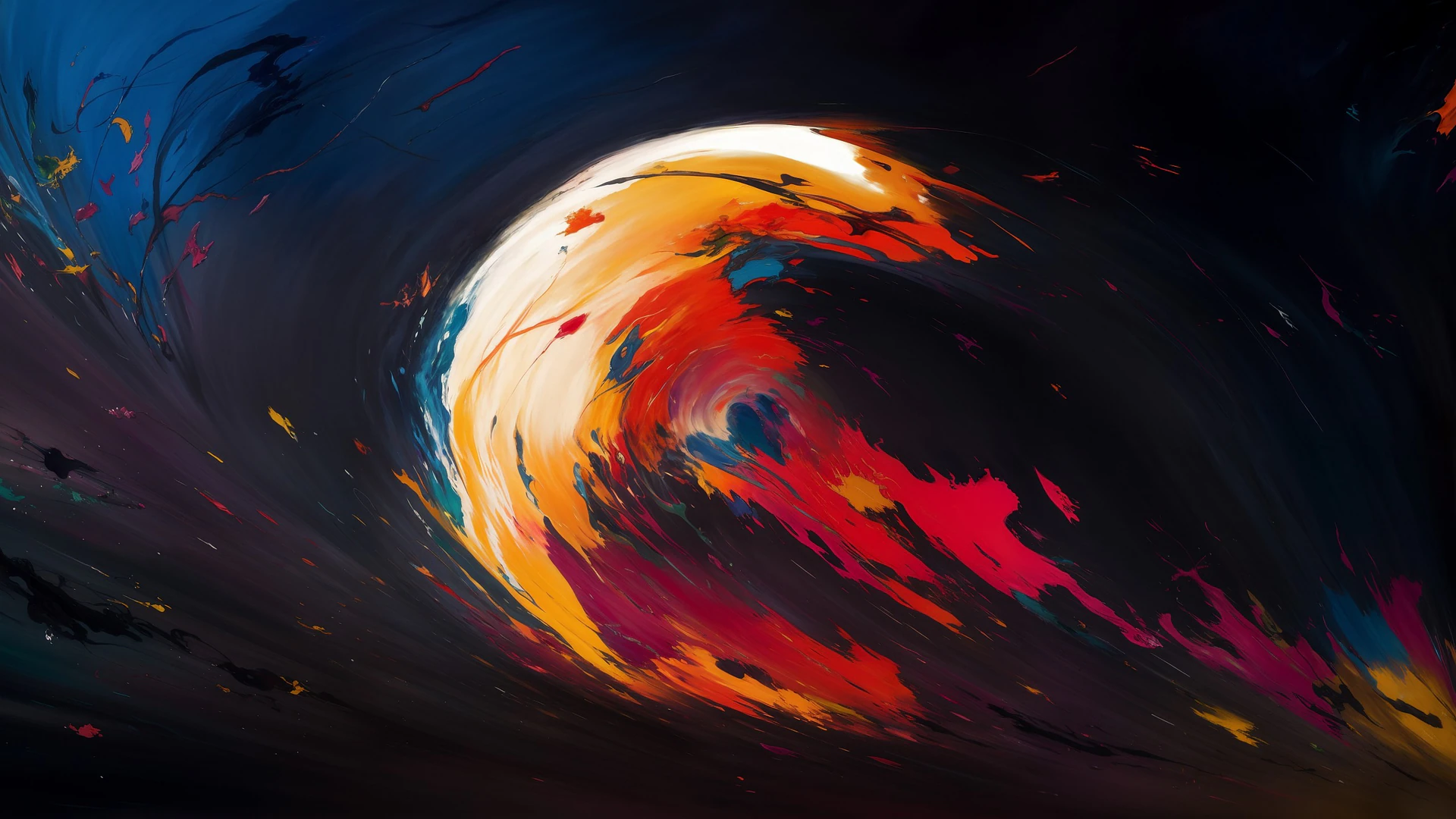A fiery swirl of red, orange and gold paint spins across a deep midnight canvas, capturing pure abstract energy in motion.