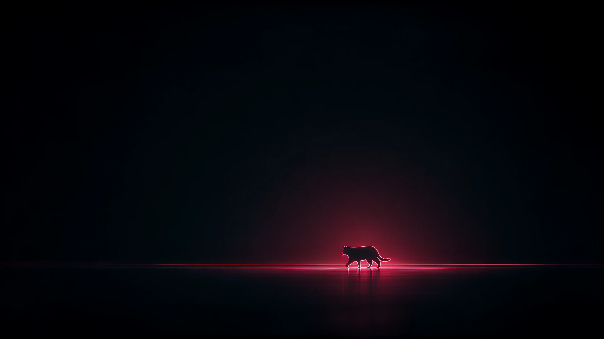A ghostly wildcat stalks a blazing red laser dot across a pitch-black room. Minimal, mysterious, and cinematic, this dramatic scene glows with eerie energy.