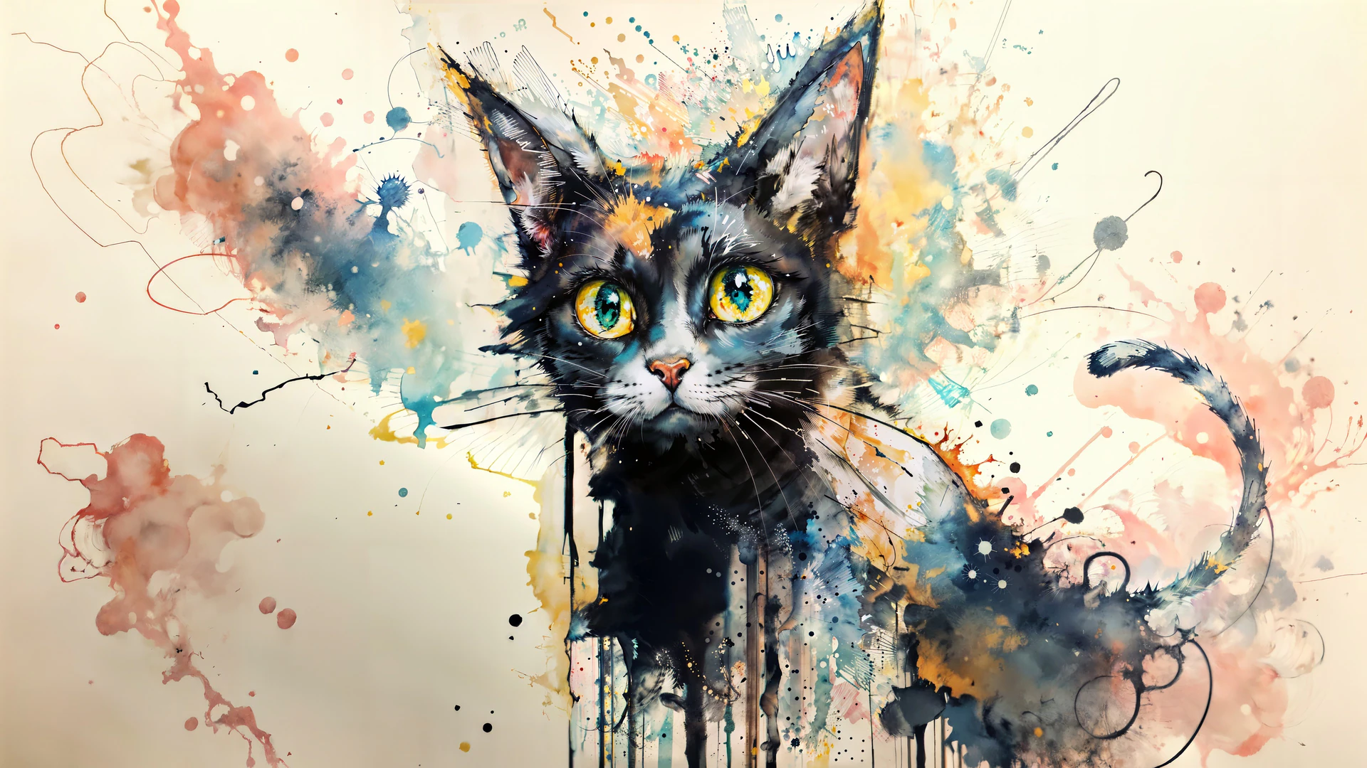 A wide-eyed cat rendered in bold watercolor splatters and ink drips, blending charcoal linework with vivid abstract bursts of color.
