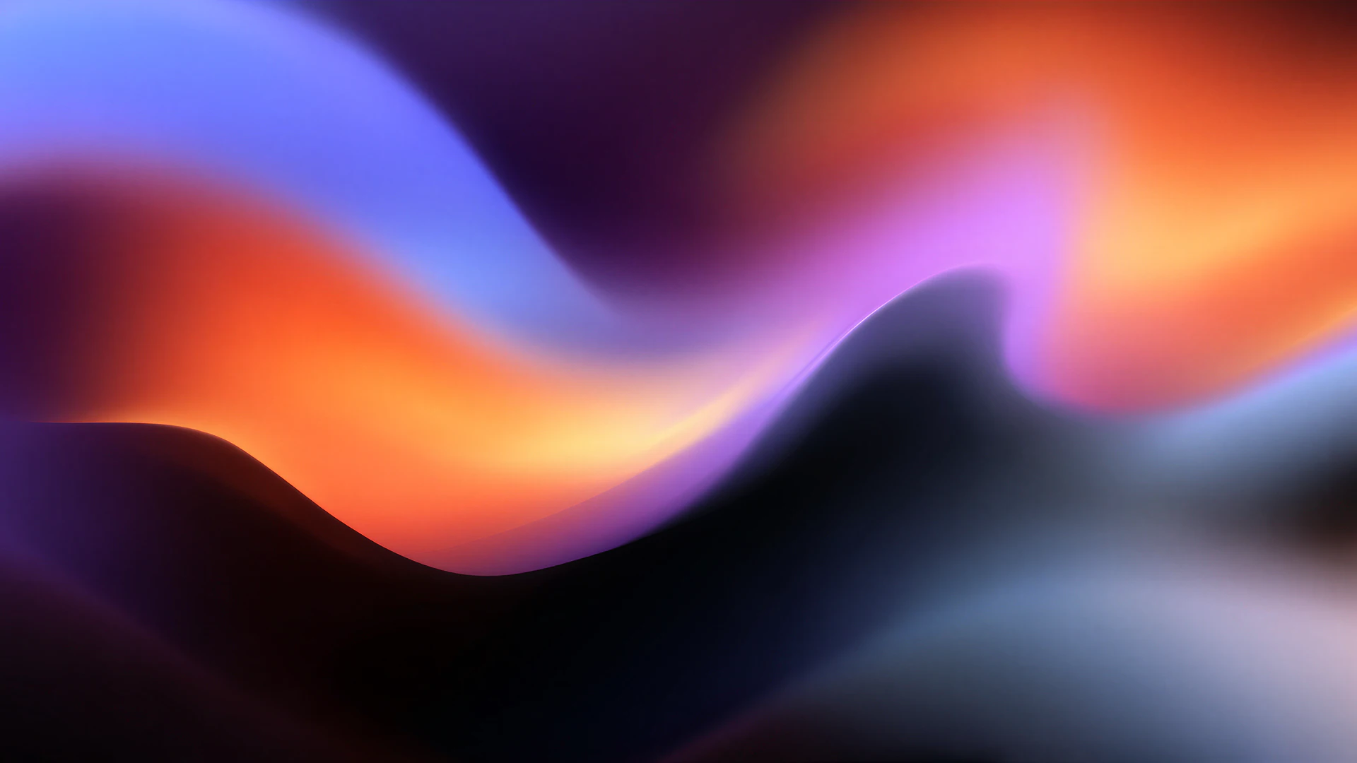 A softly blurred abstract wave of neon orange, violet, and electric blue flows through deep navy shadows. A sleek, atmospheric backdrop for modern screens.