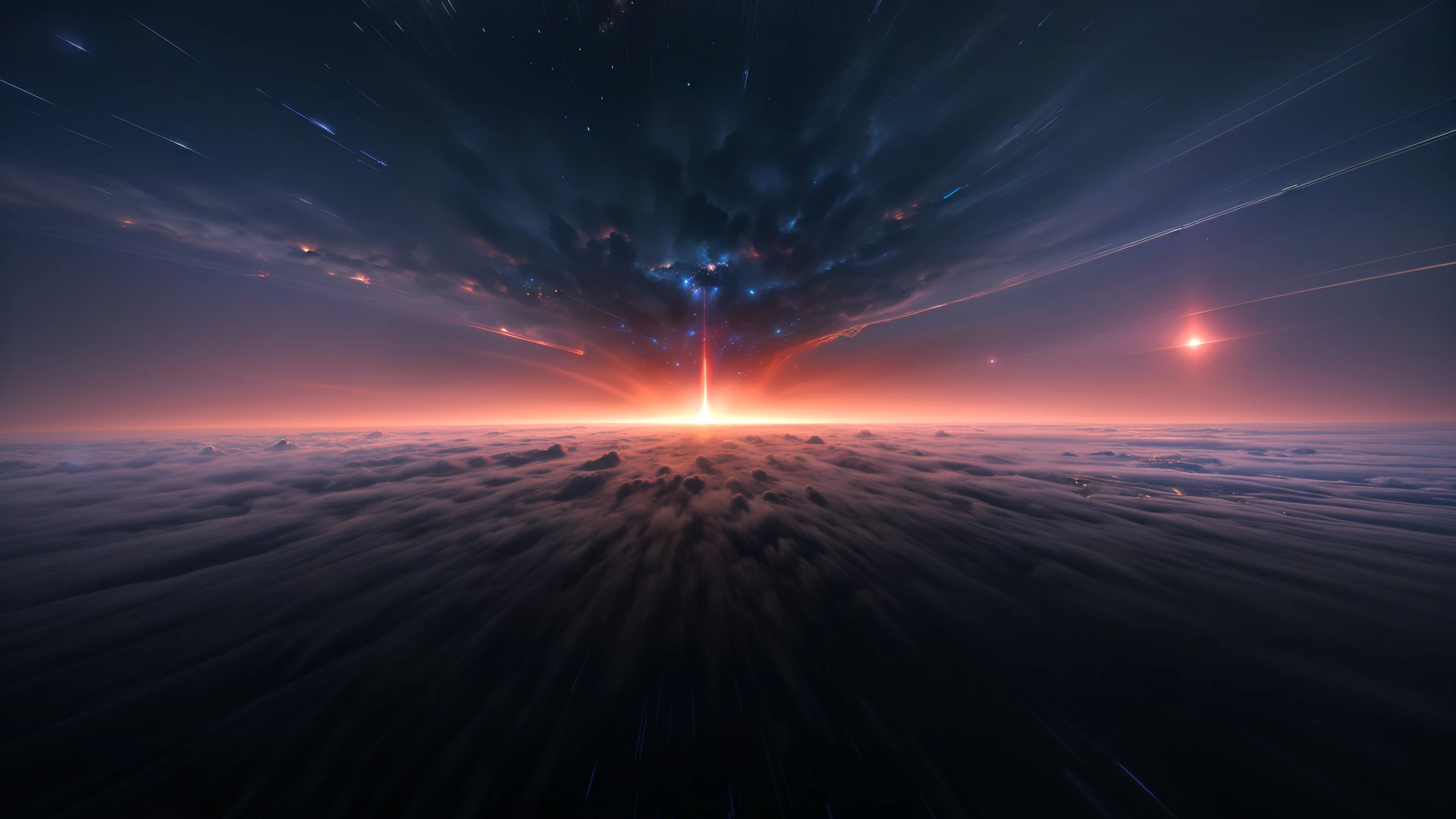 A blinding cosmic beam pierces the clouds where sky meets stars, painting the heavens in fire and midnight blue. Surreal sci-fi wallpaper for dreamers.