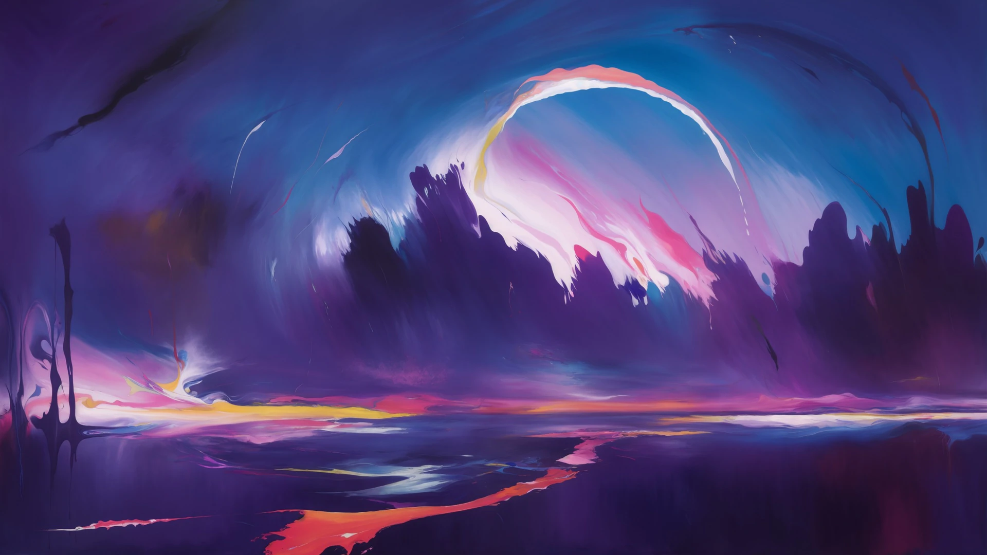 A swirling abstract sunset where liquid color and light collide, painting a dreamlike arc over a molten violet horizon. Bold, fluid, and mesmerizing wall art.