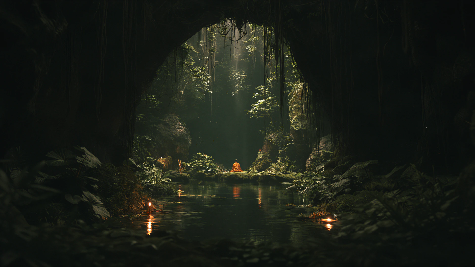 A shadowy forest grotto opens onto a tranquil stream, where golden light, lush ferns, and glowing reflections create an enchanting fantasy escape.