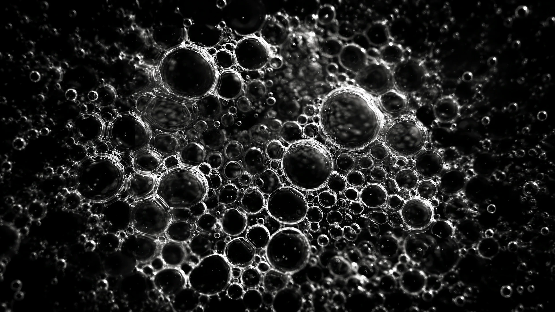 A mesmerizing monochrome field of liquid bubbles glows against deep black. Atomic textures and fluid spheres create a bold, otherworldly abstract wallpaper.