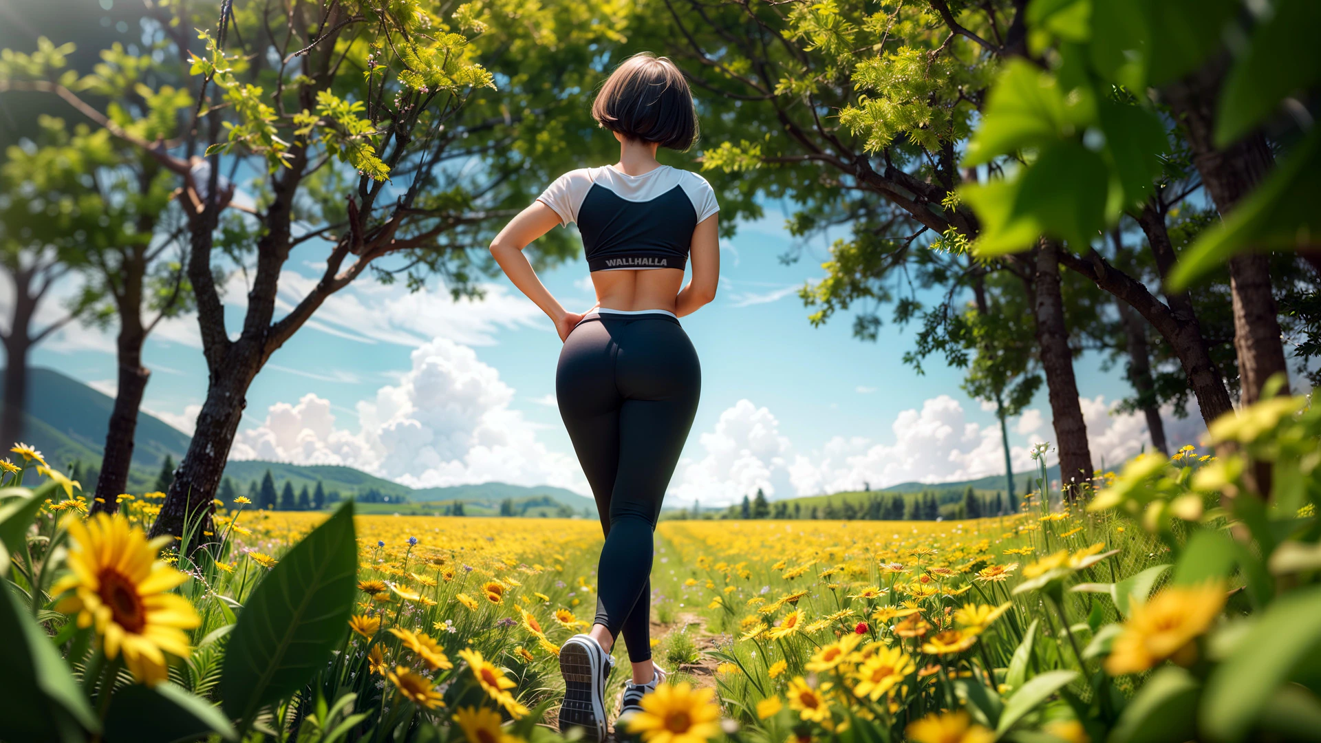 A fit young woman jogs through a vibrant sunflower field under a bright summer sky, framed by lush green trees and rolling hills.