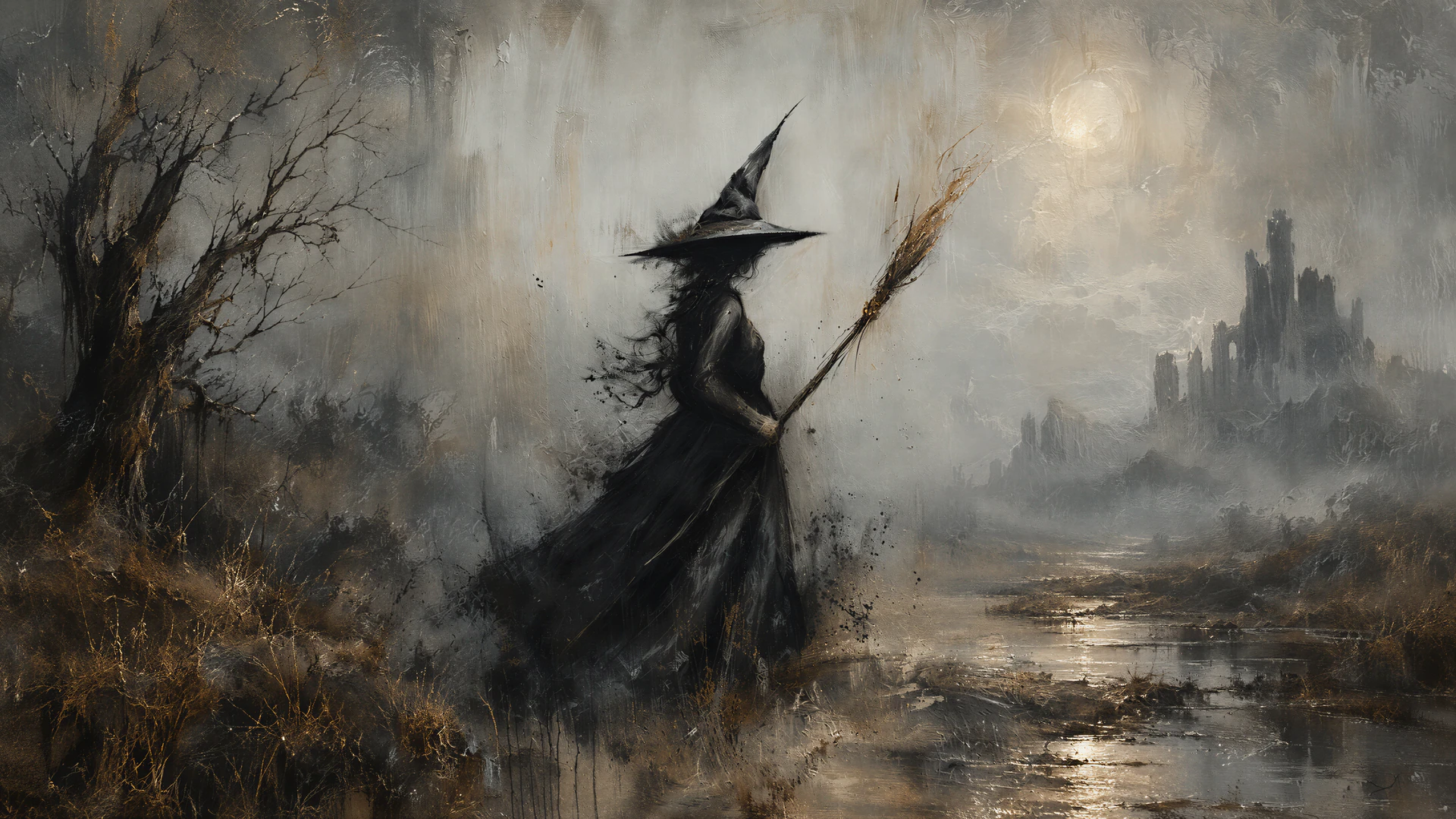 A vintage oil painting of a mysterious witch with a broom, wandering through a misty moor beneath a pale moon and distant castle.