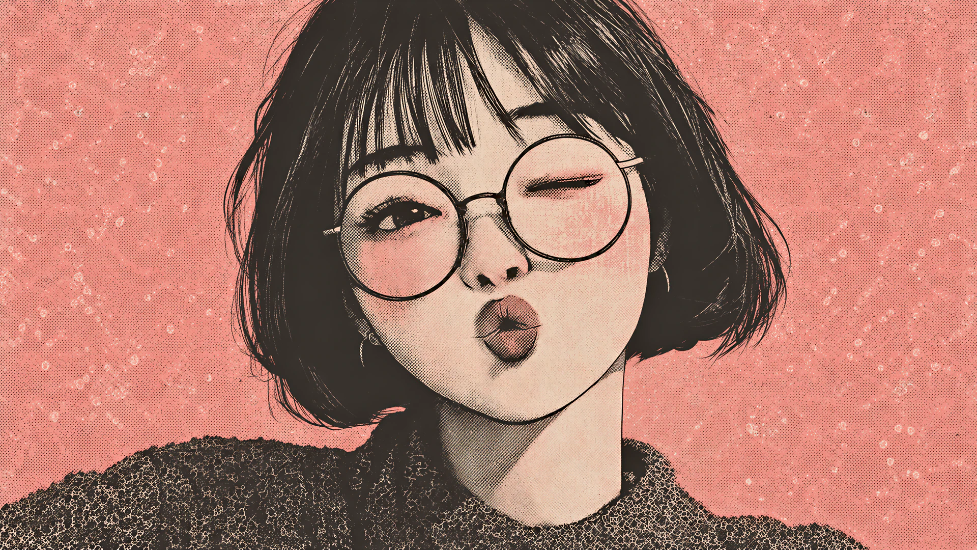 A playful kawaii manga girl puckers up behind round glasses, framed by rosy cheeks and a textured coral pop-art backdrop. Retro halftone shading adds vintage…
