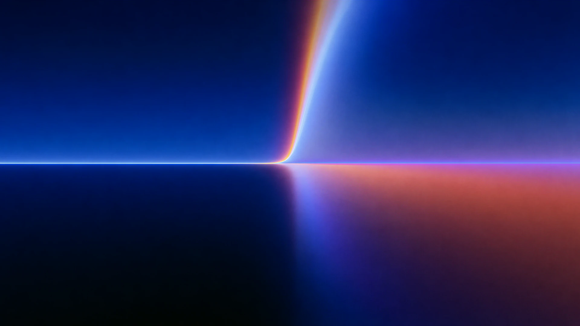 A glowing blue horizon bends into a vivid spectrum of violet, pink, orange, and gold, mirrored in a soft gradient beneath a deep midnight sky.