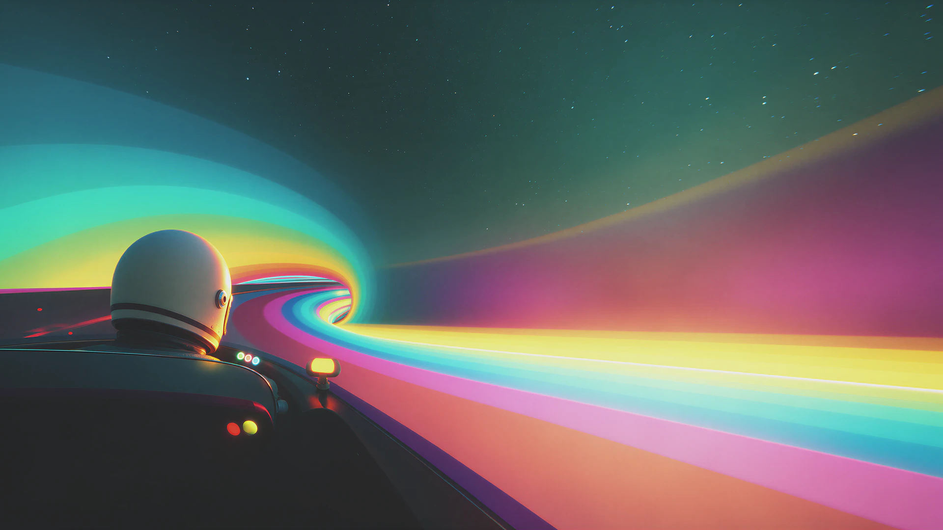 An astronaut races toward a luminous wormhole, with neon blue, pink, and gold energy streams bending across the futuristic cockpit view.