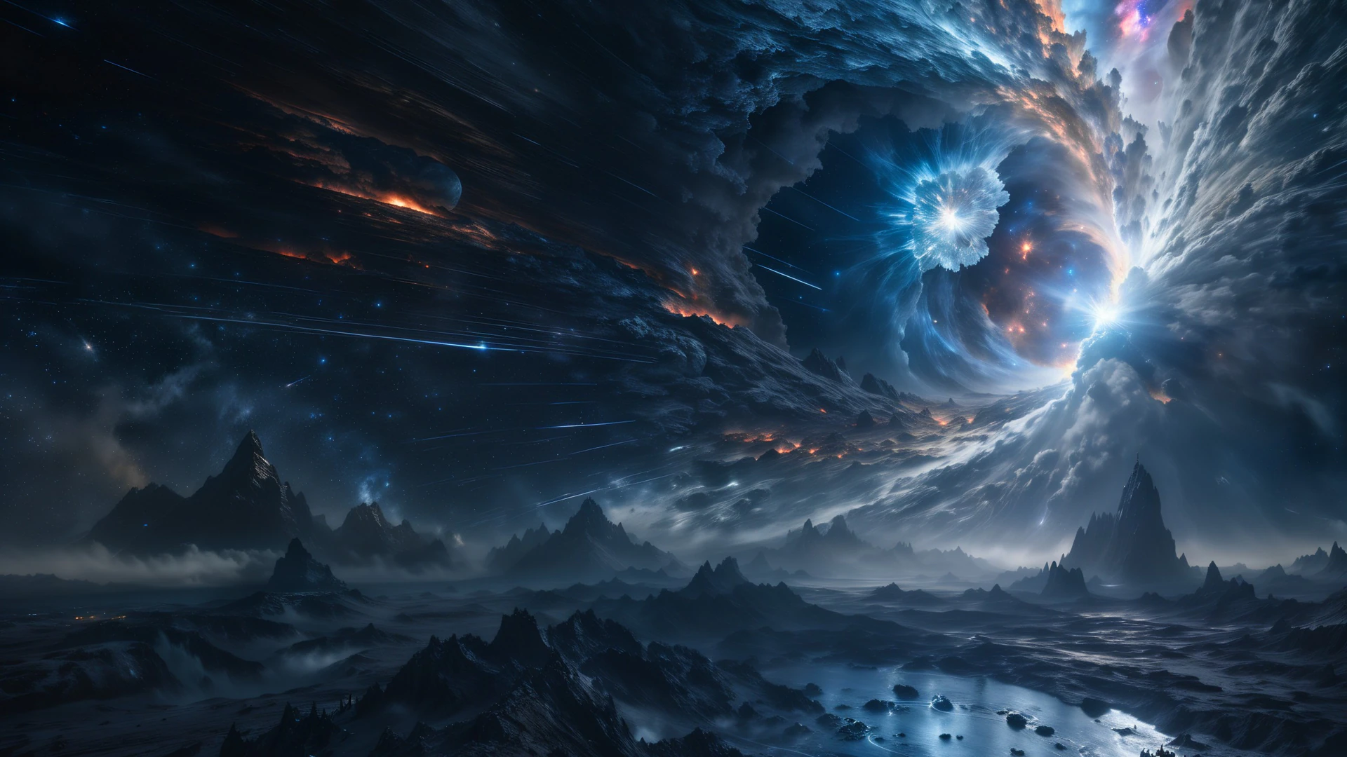 A jagged alien mountain range beneath a sky torn open by a swirling cosmic vortex, meteors streaking through the dark as galaxies burn beyond the void.