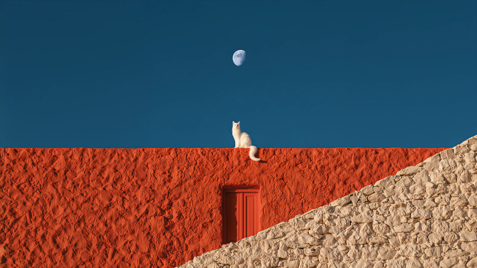 A solitary cat watches the moon from a vivid terracotta rooftop. Textured stone, bold geometry, and deep blue sky create a striking minimalist surrealist scene.