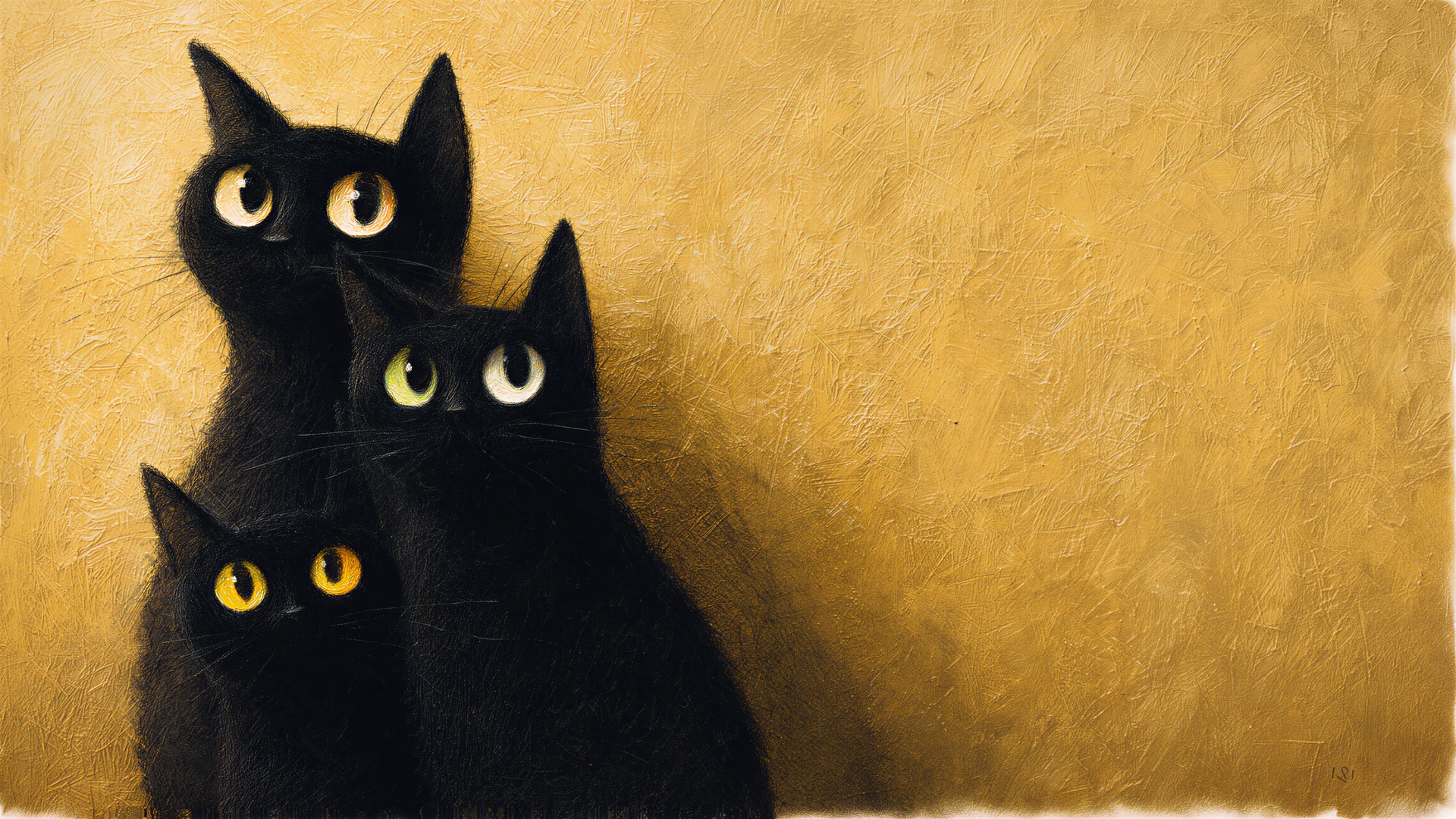 Three black cats stare out from a richly textured golden backdrop. This old-world painting brings quiet mystery and feline charm to any screen.