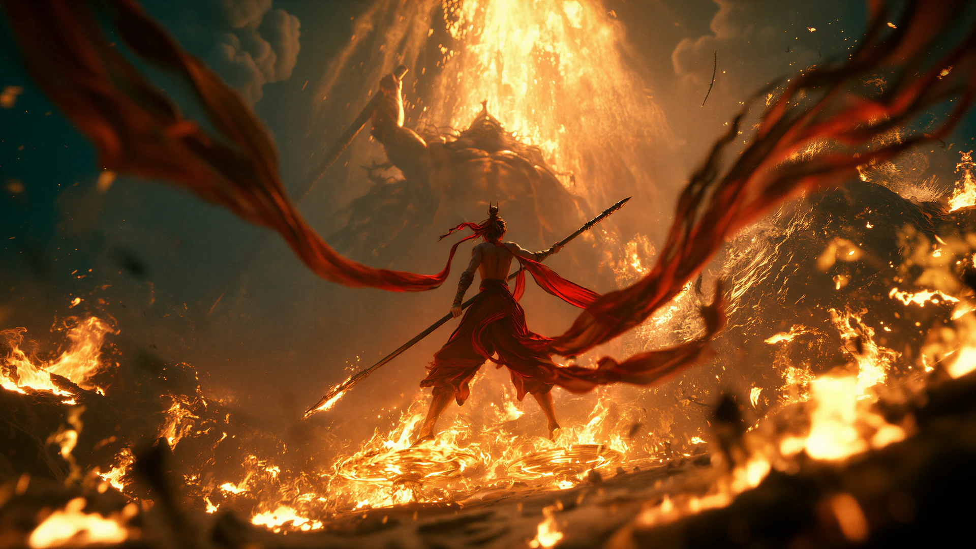 A lone warrior rises above a blazing sea, crimson ribbons streaming through the smoke. Fiery gold light and deep shadows create an epic mythic battle scene.