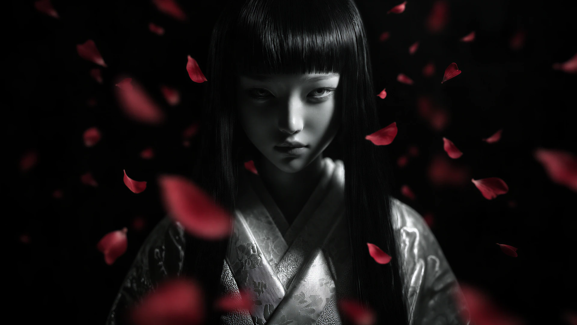 A serene doll-like girl in a traditional kimono emerges from shadow, framed by drifting crimson petals. Monochrome lighting creates a haunting, cinematic Jap…