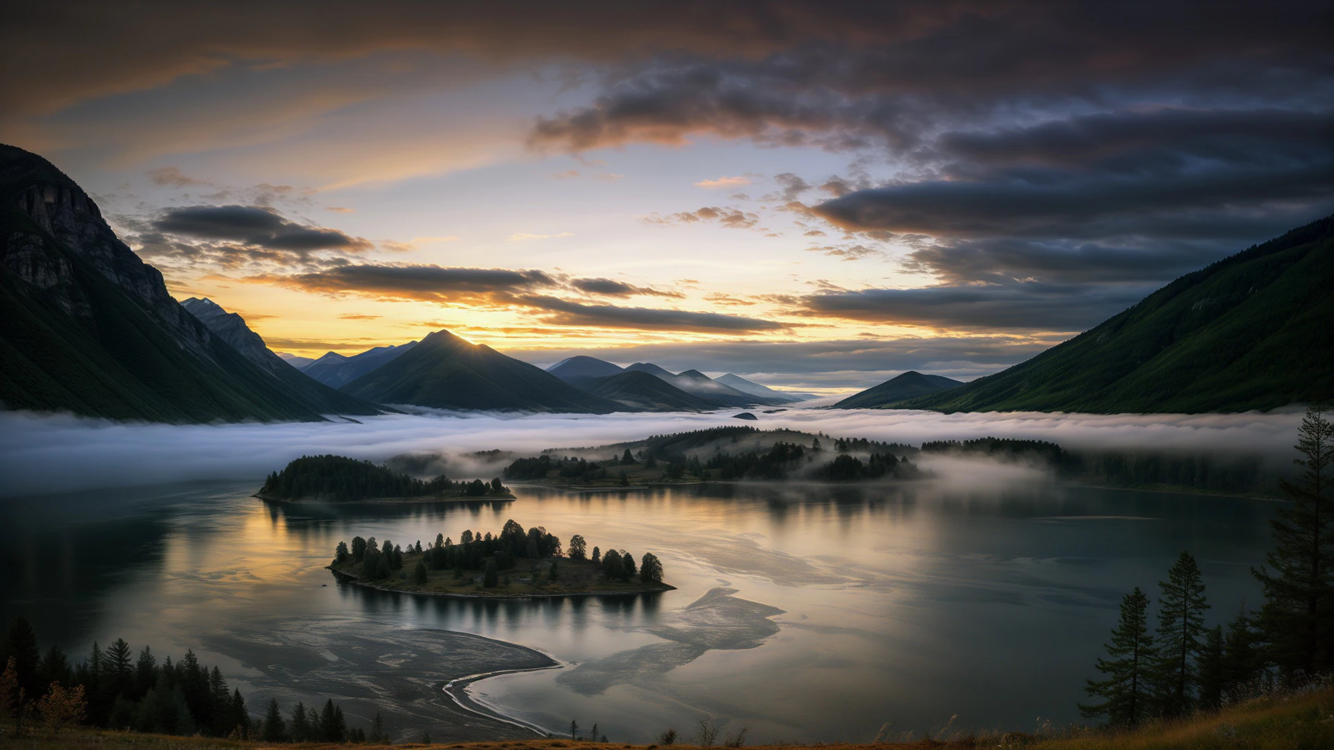 A serene mountain valley at sunrise, where drifting fog blankets a still lake dotted with tiny tree-covered islands beneath a golden sky.