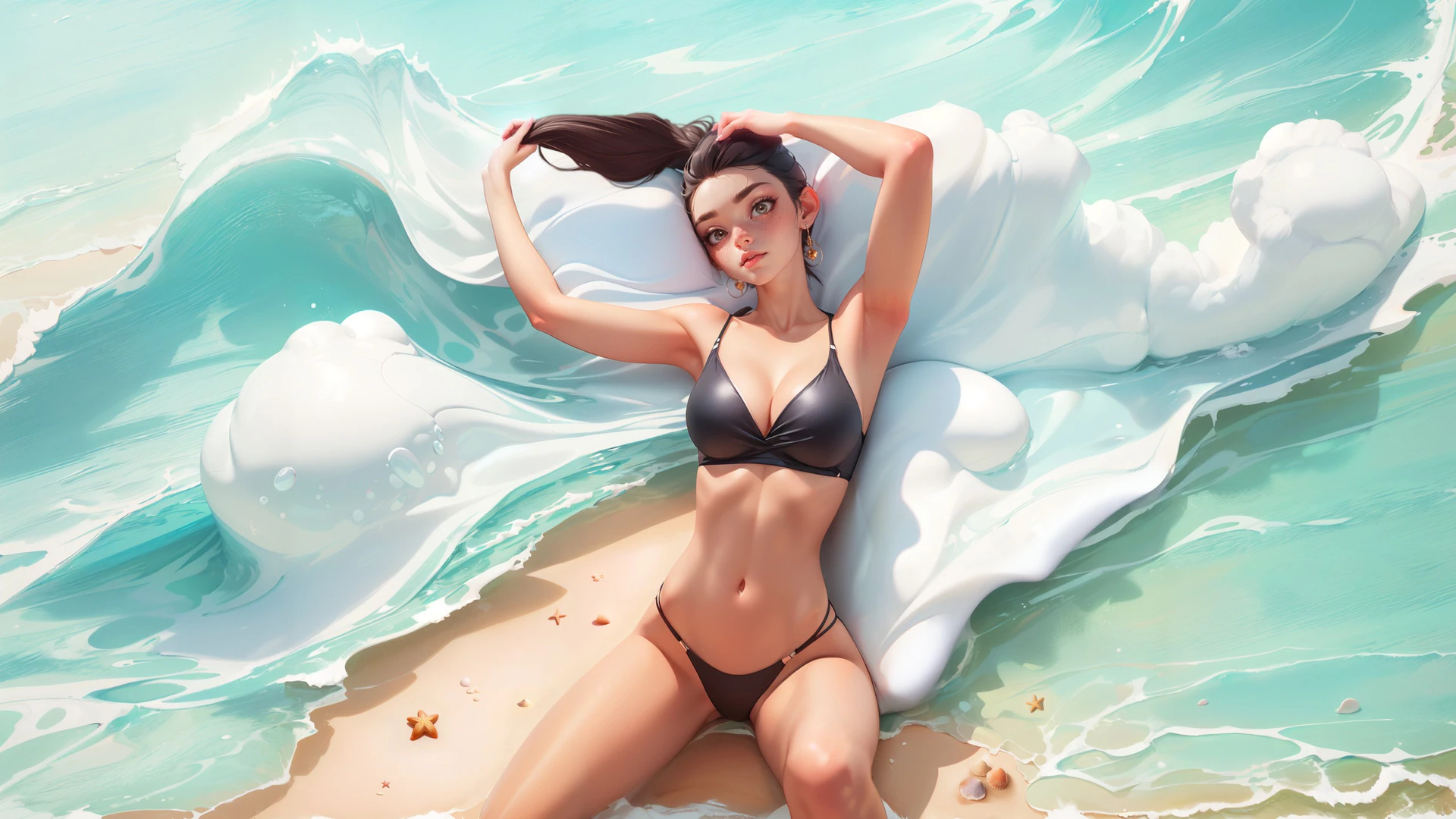 A stylized illustration of a brunette beauty lounging in the surf, waves foaming like clouds around her sun-kissed skin.