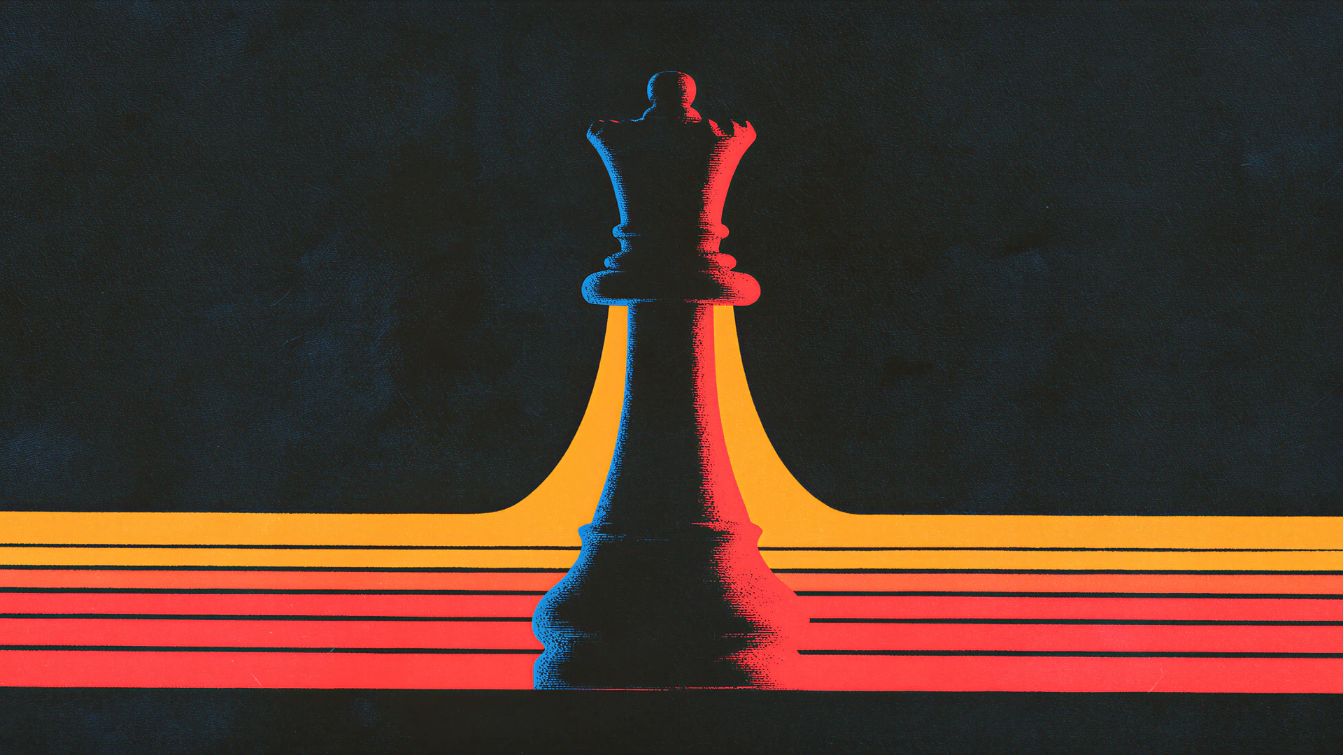 A commanding chess king rises above glowing retro stripes in this Atari-inspired fusion of strategy and arcade nostalgia. Bold neon colors create a dramatic…