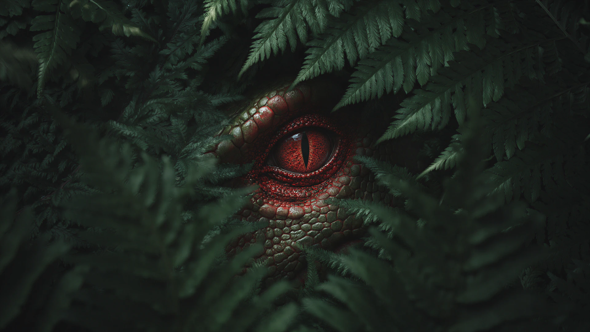 A fearsome dinosaur eye peers through dense jungle ferns, its crimson scales and murderous gaze creating a tense, cinematic Jurassic atmosphere.