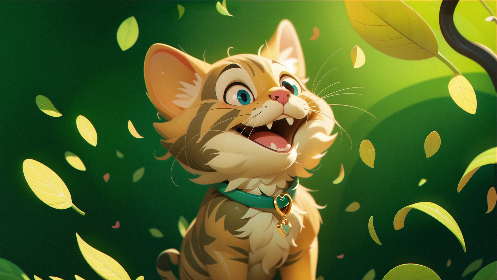 A cheerful cartoon kitten with big blue eyes laughs among floating golden leaves, its teal collar and heart charm sparkling in warm sunlight.