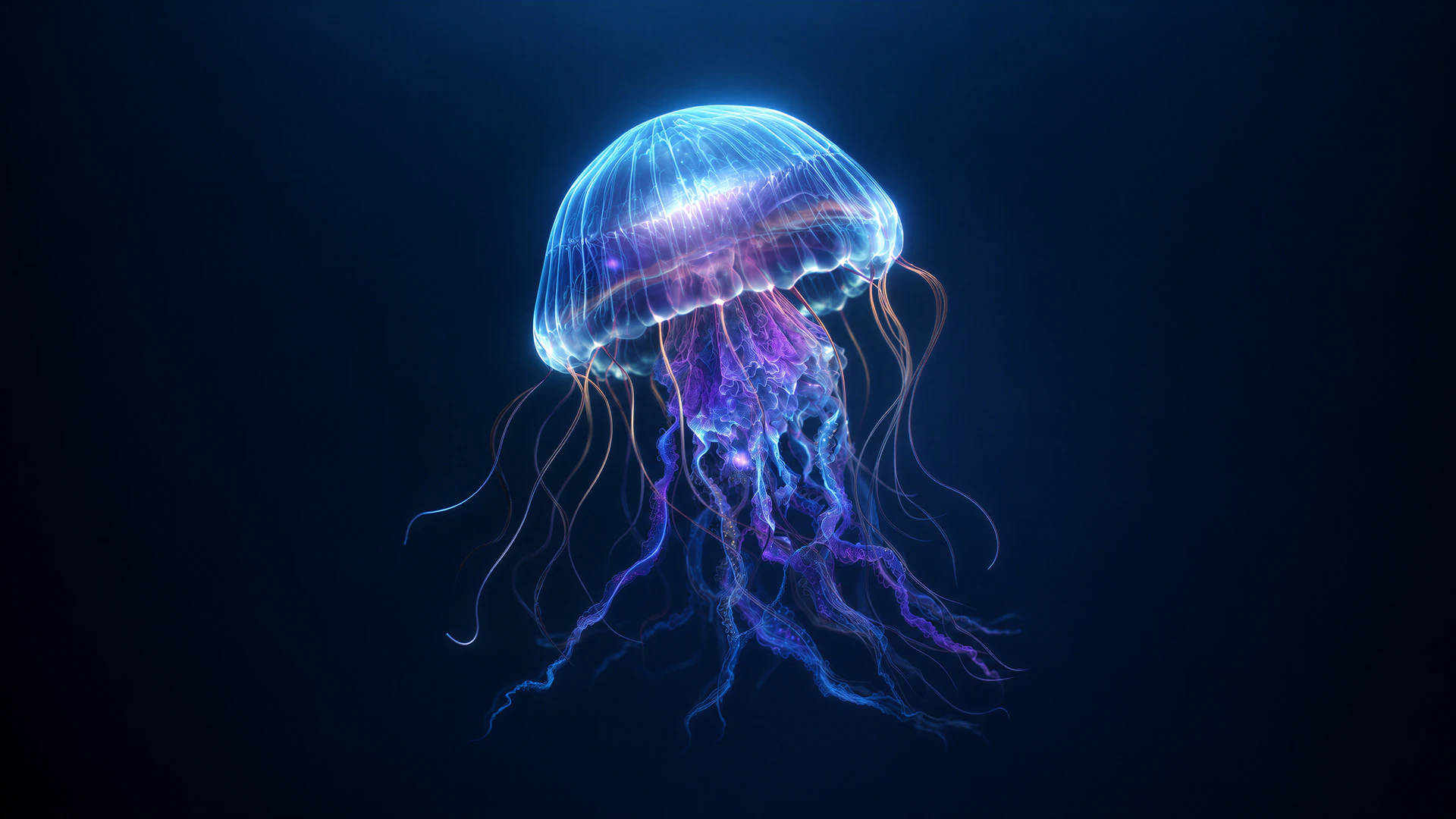 A luminous jellyfish drifts through the deep ocean, its crystalline bell and flowing tendrils glowing in sapphire blue, violet, and icy light against a dark…