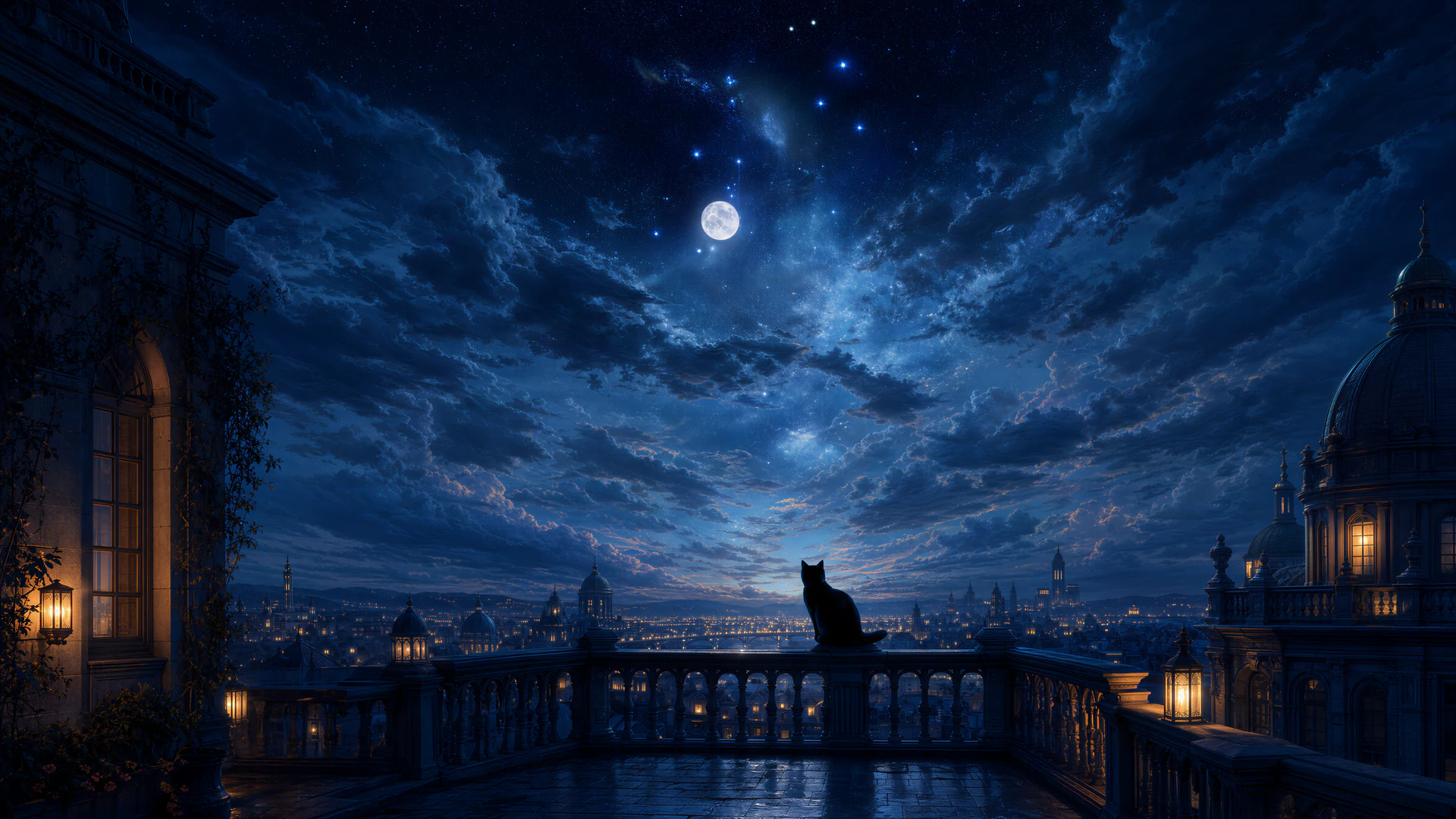 A black cat sits above a glowing city beneath a luminous moon. Deep blue clouds, stars, and gothic rooftops create a cinematic nocturnal atmosphere.