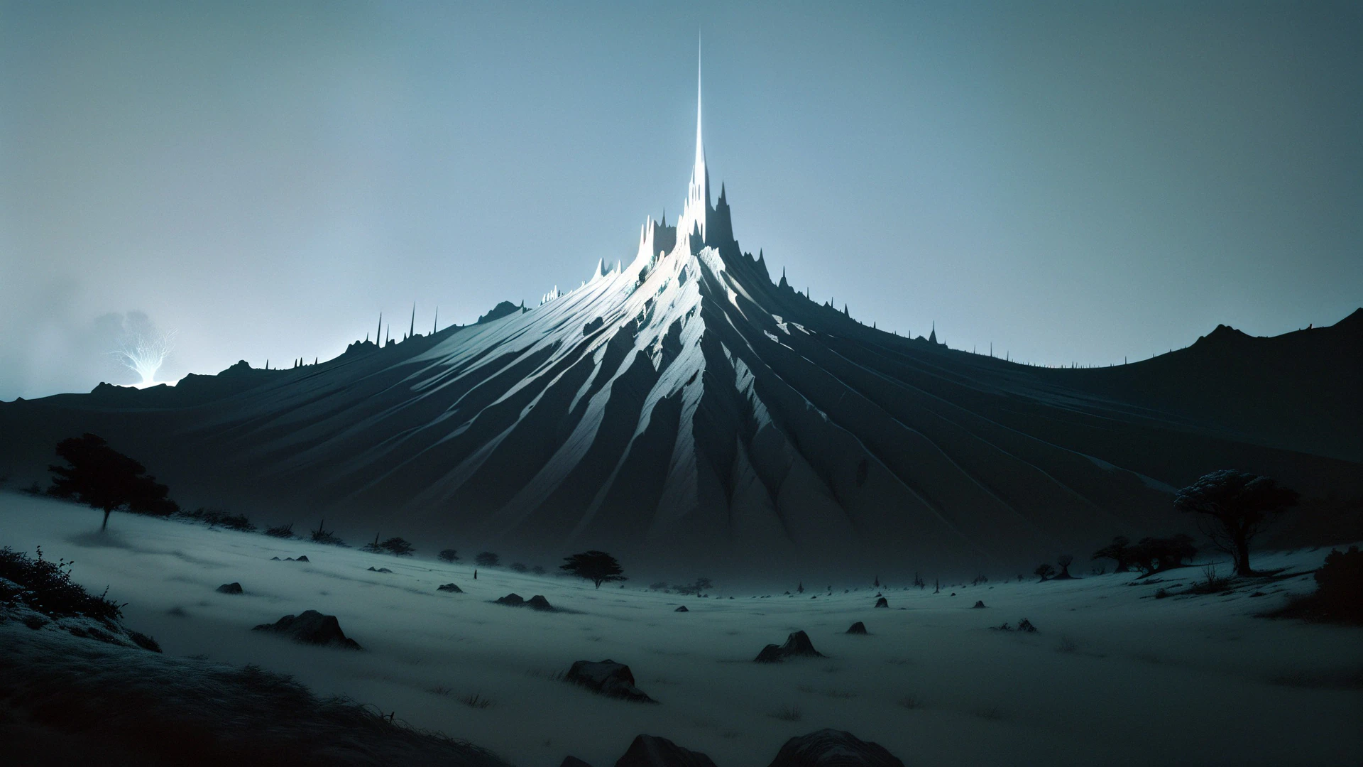 A mist-veiled mountain rises into a needle-thin spire, glowing faintly against a dusky sky in this surreal fantasy landscape wallpaper.