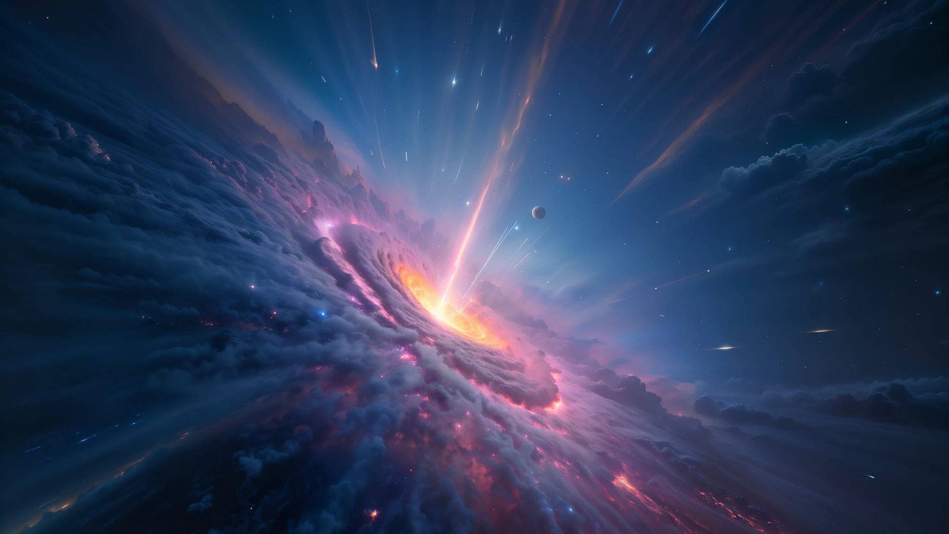 A blazing cosmic rupture tears through drifting clouds as meteors streak past a distant moon in this surreal celestial wallpaper.