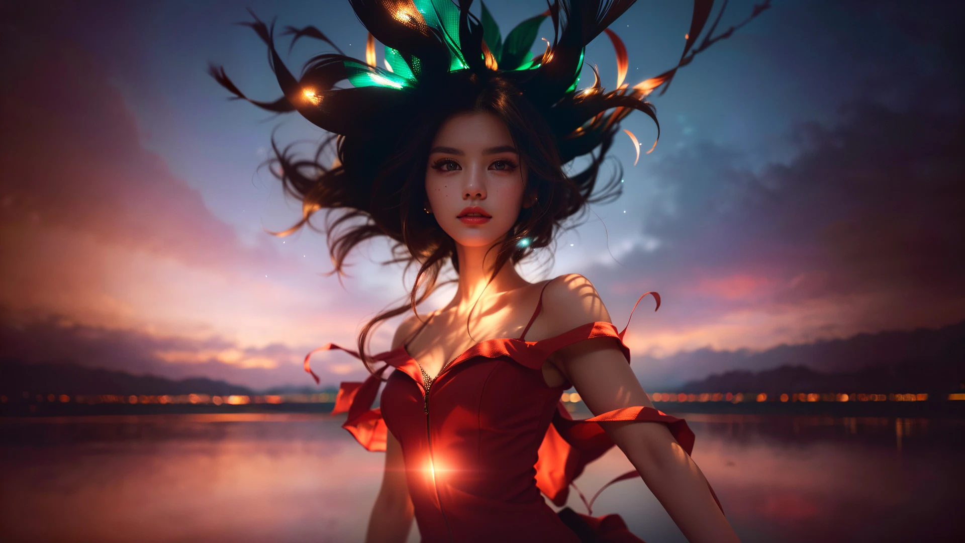 A striking portrait of a woman in a flowing red dress, her hair dancing under twilight skies with glowing embers of light and a serene lakeside horizon.