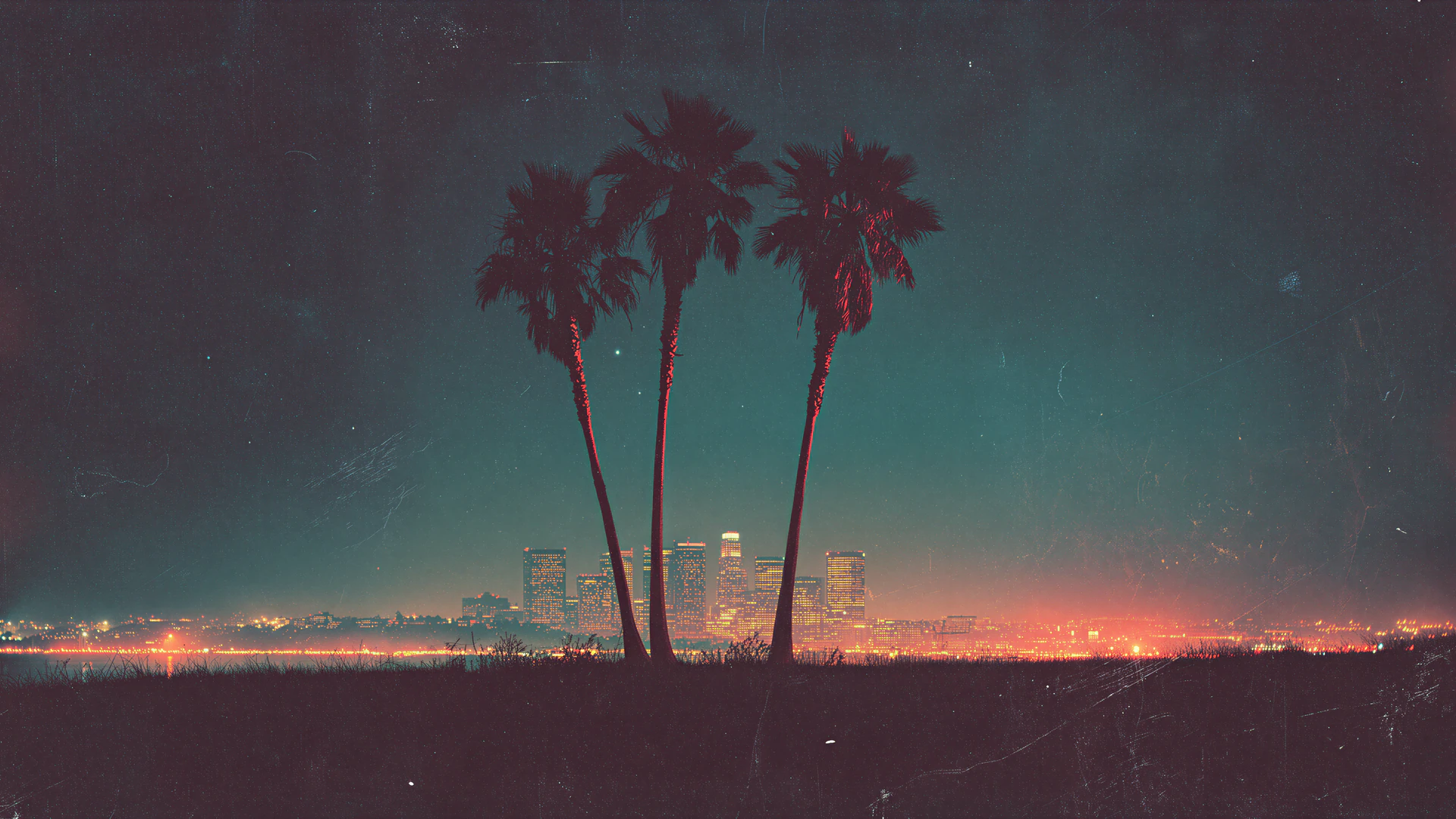 Three silhouetted palms rise against a glowing nighttime skyline, blending tropical calm with a nostalgic retro city atmosphere.