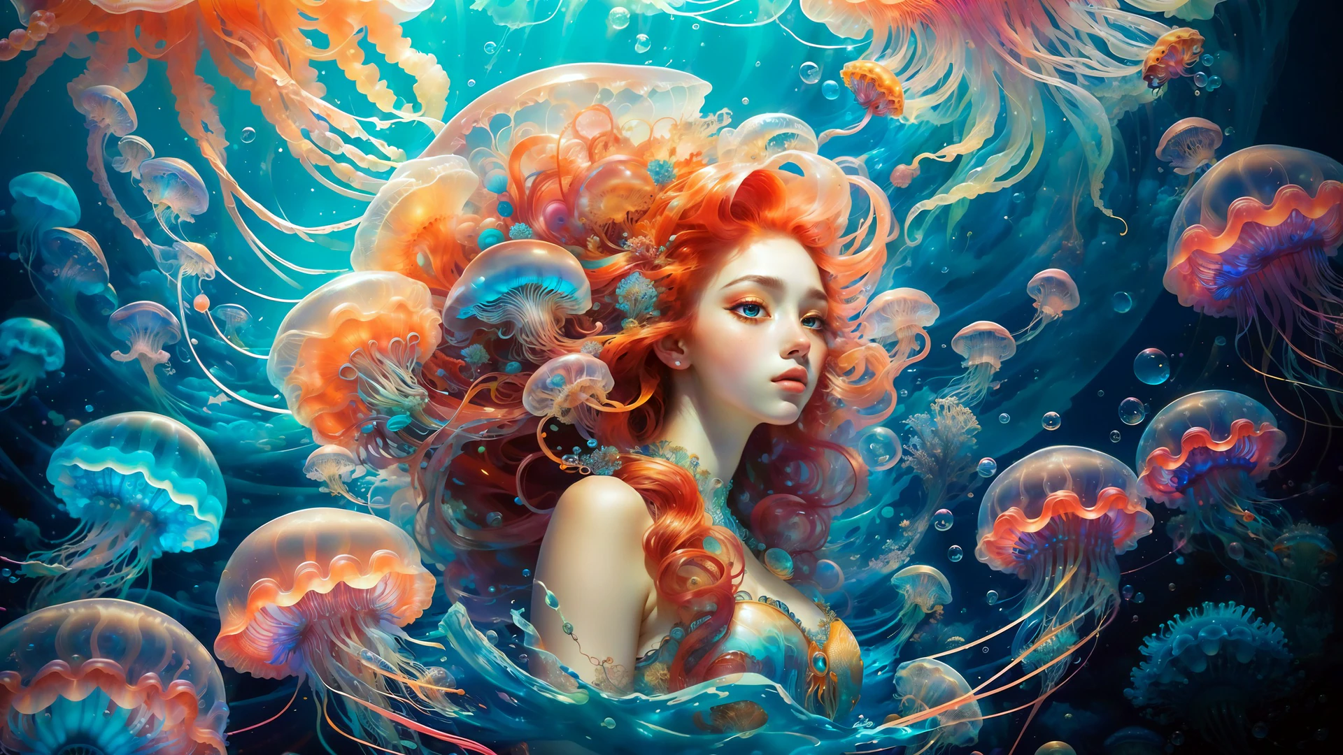 A fiery-haired mermaid drifts among glowing jellyfish in a surreal underwater dreamscape. Vibrant turquoise and coral tones create a mesmerizing oceanic fant…