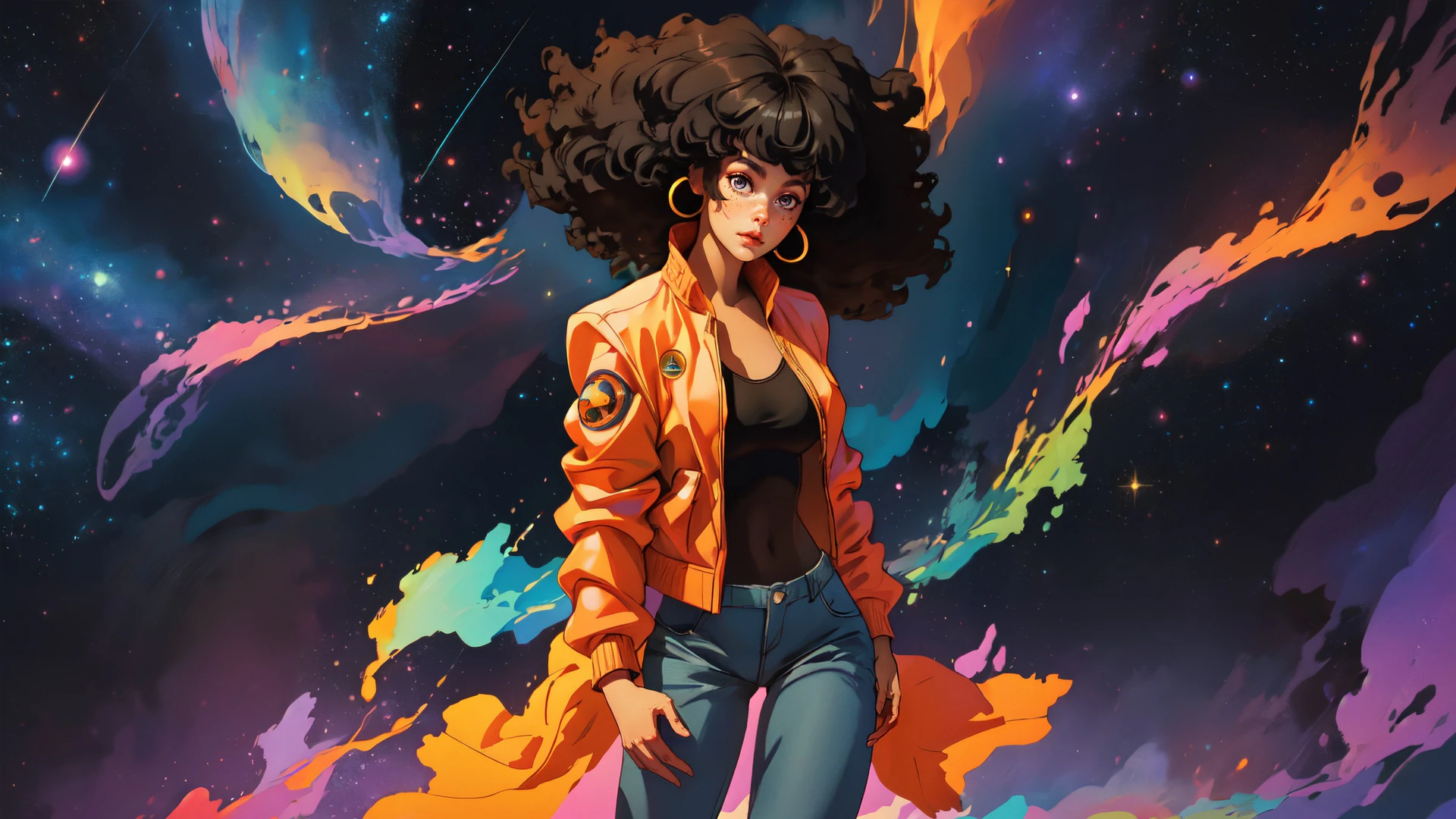 A curly-haired dreamer drifts through swirling nebulas in a bold orange jacket, radiating retro funk energy against a star-splashed galaxy.