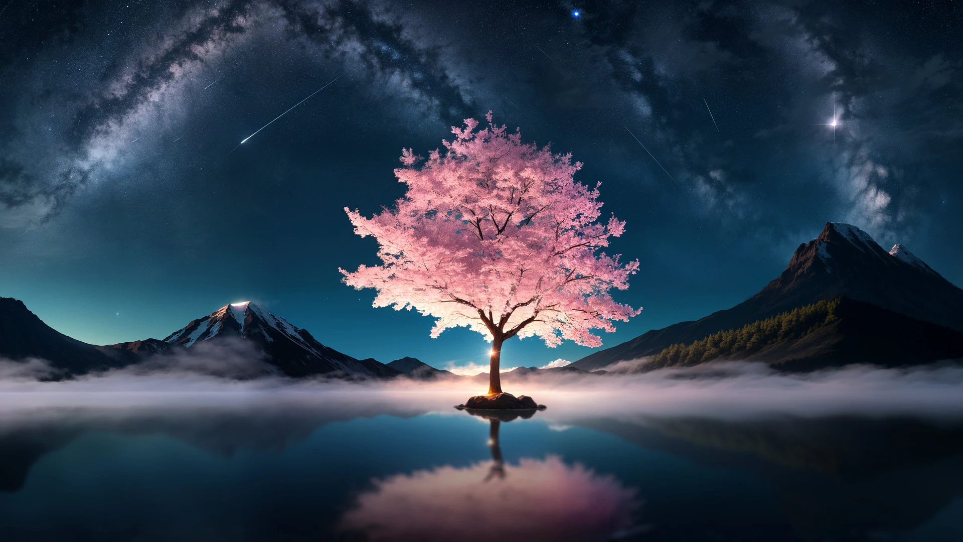 A radiant cherry blossom tree stands alone on a misty lake, mirrored perfectly beneath a star-streaked Milky Way sky and silent mountains.