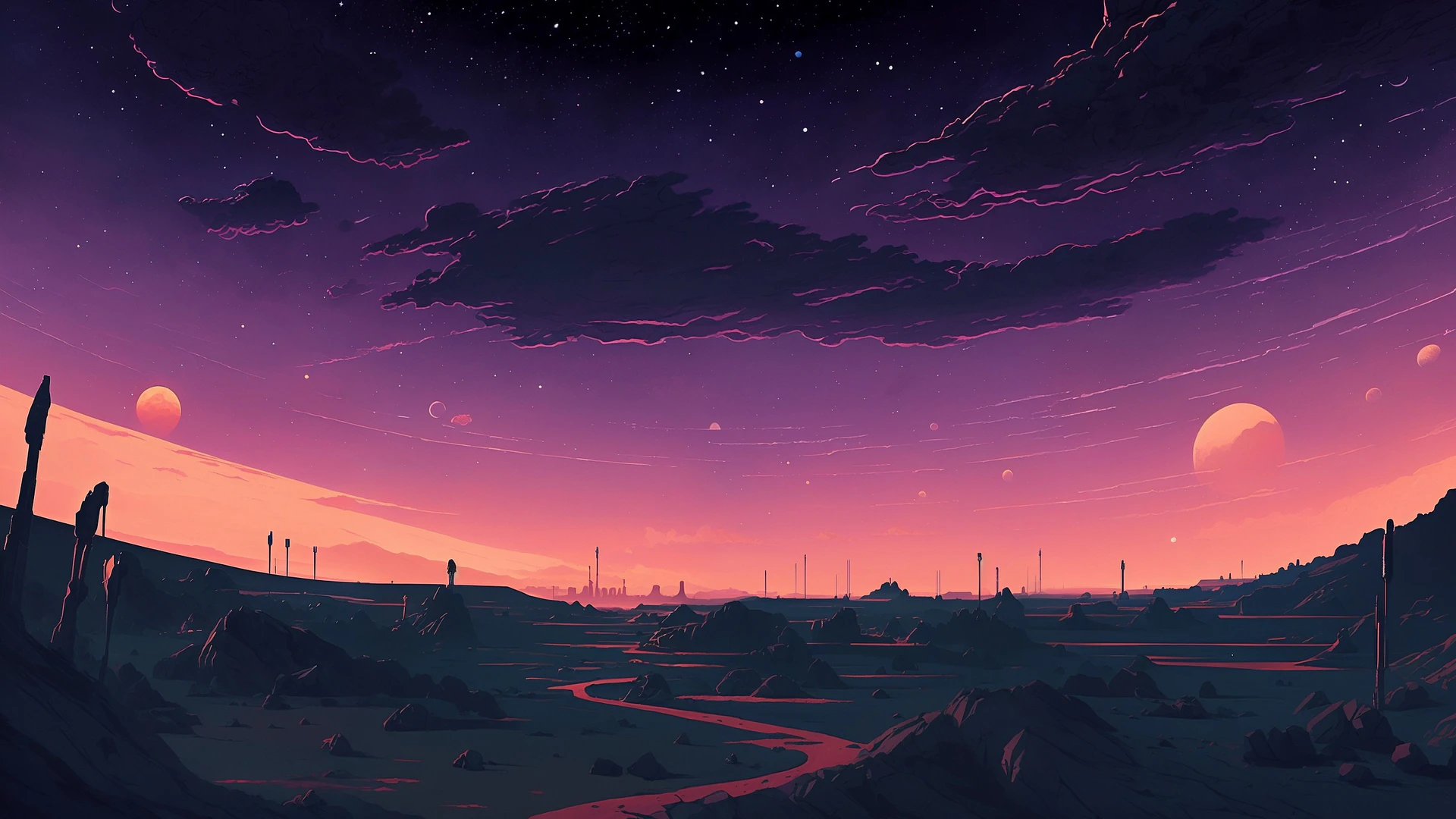 A surreal alien horizon glows with dusky pinks and purples, distant moons rising over a silent rocky wasteland dotted with strange monoliths.