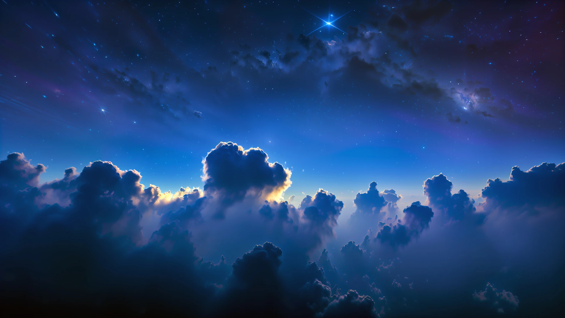 A dreamy cloudscape floats beneath a star-scattered night sky, where distant galaxies and a brilliant star pierce through drifting clouds.