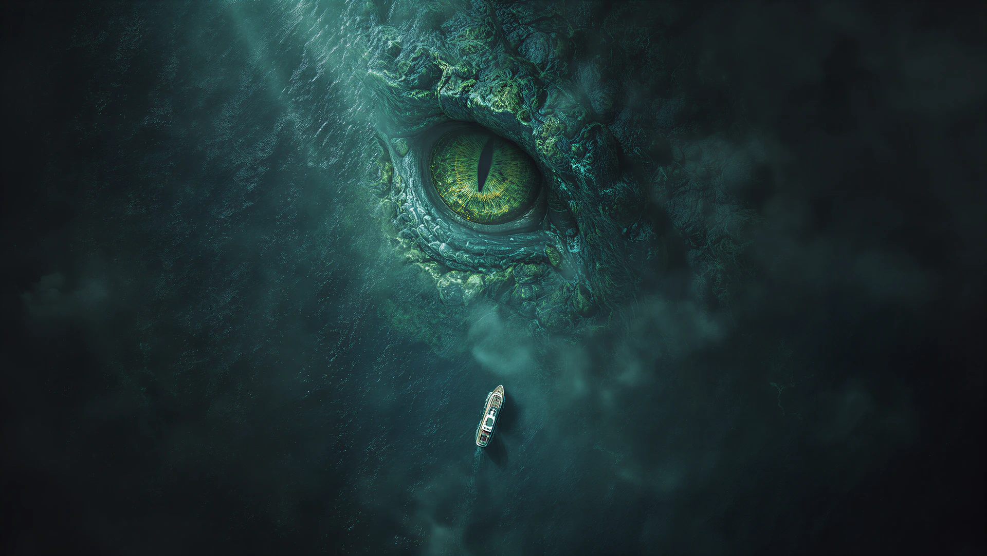 A tiny ship drifts above a colossal sea creature’s watchful eye. Dark teal water, mist, and cinematic shadows create an eerie deep-ocean mystery.