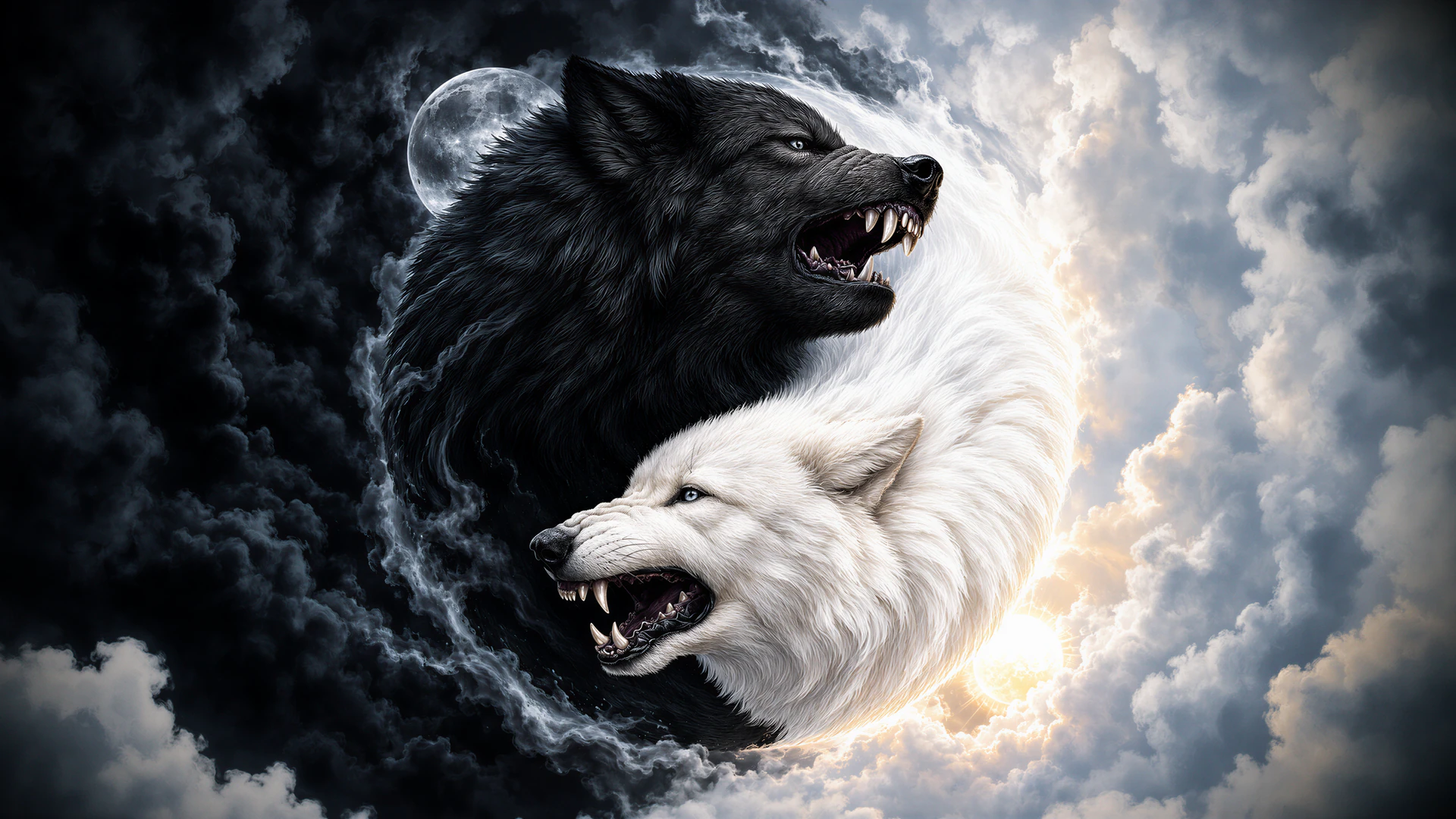 Two snarling wolves form a striking yin-yang emblem beneath a split sky, blending black storm clouds with radiant moonlight in dramatic tattoo-inspired detail.