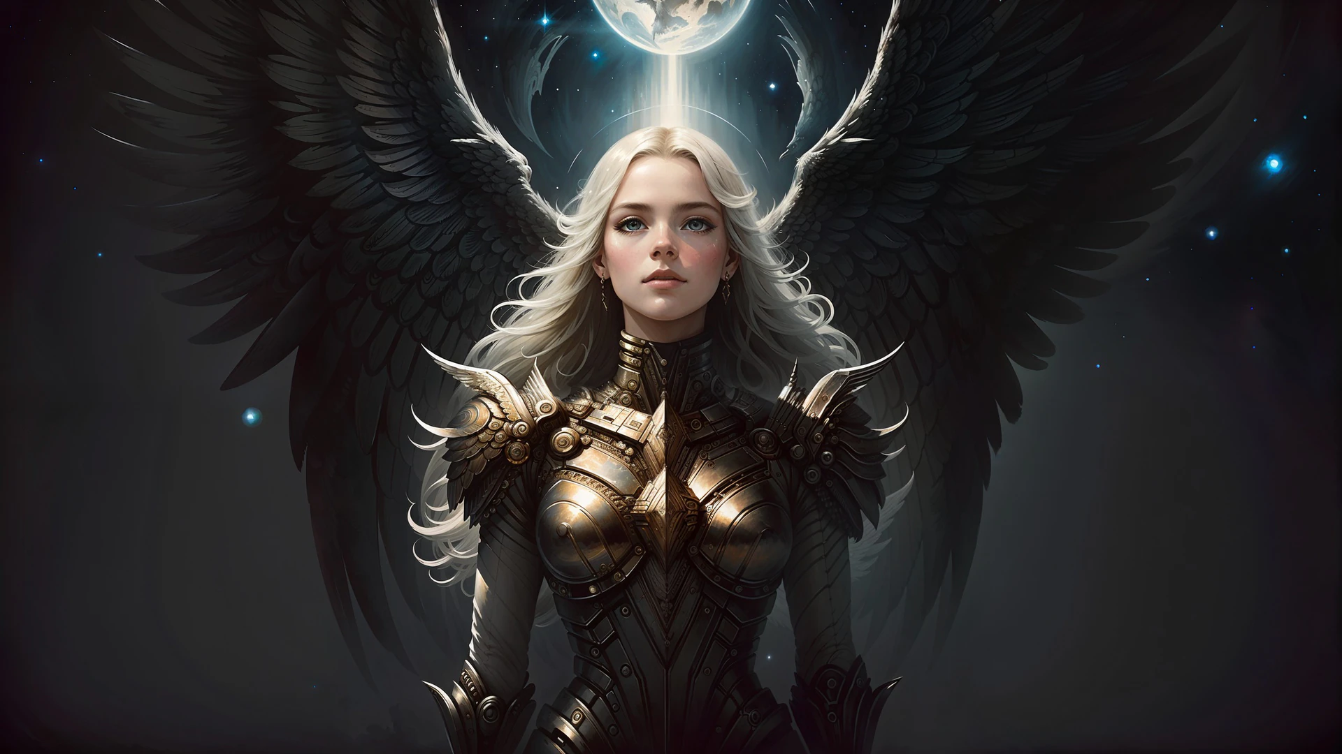 A celestial angel warrior with towering black wings stands beneath a glowing moon, clad in ornate golden armor amid a starlit void.