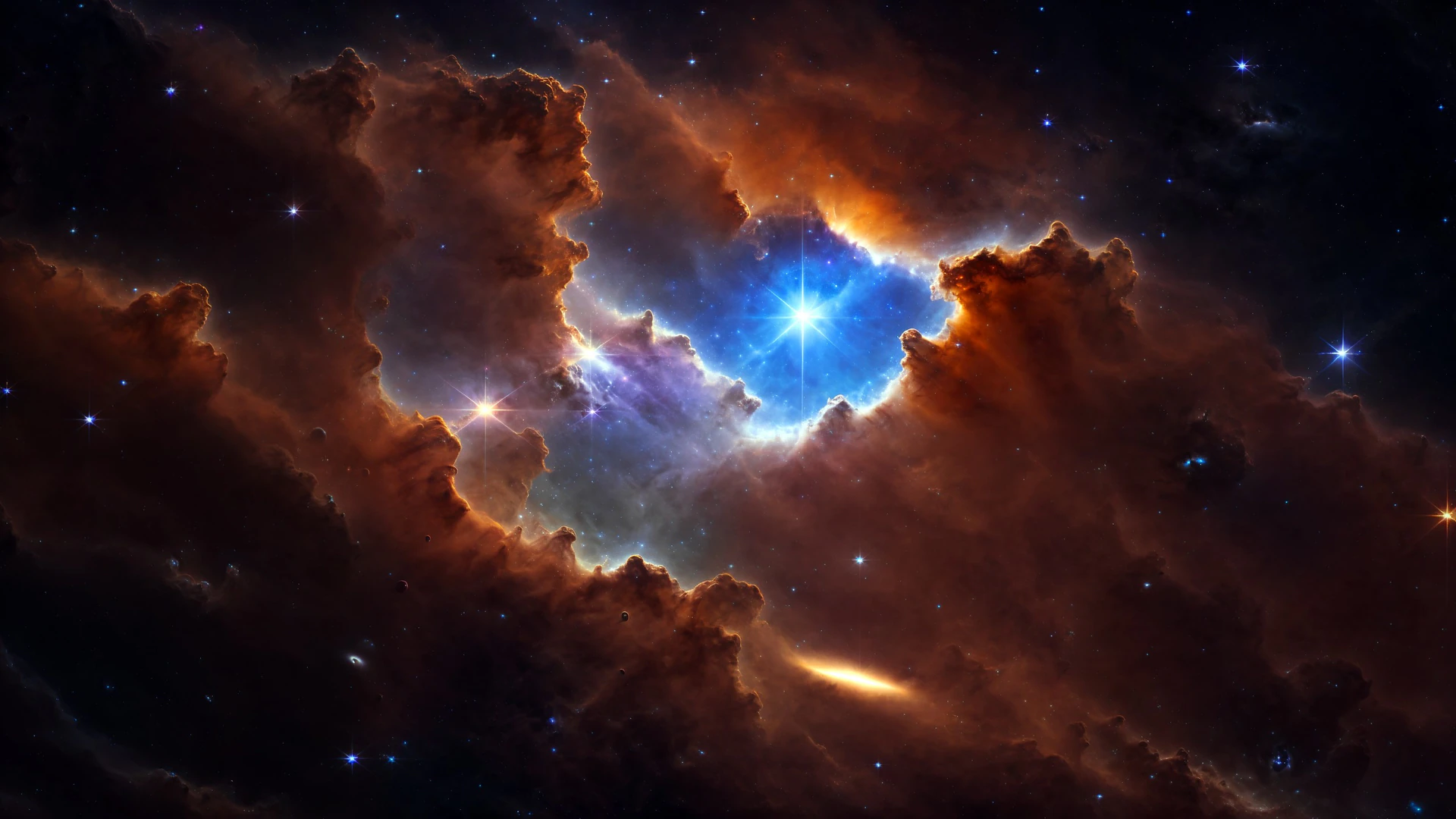 A dazzling star pierces through fiery amber clouds of cosmic dust, revealing a brilliant blue nebula core deep in space.