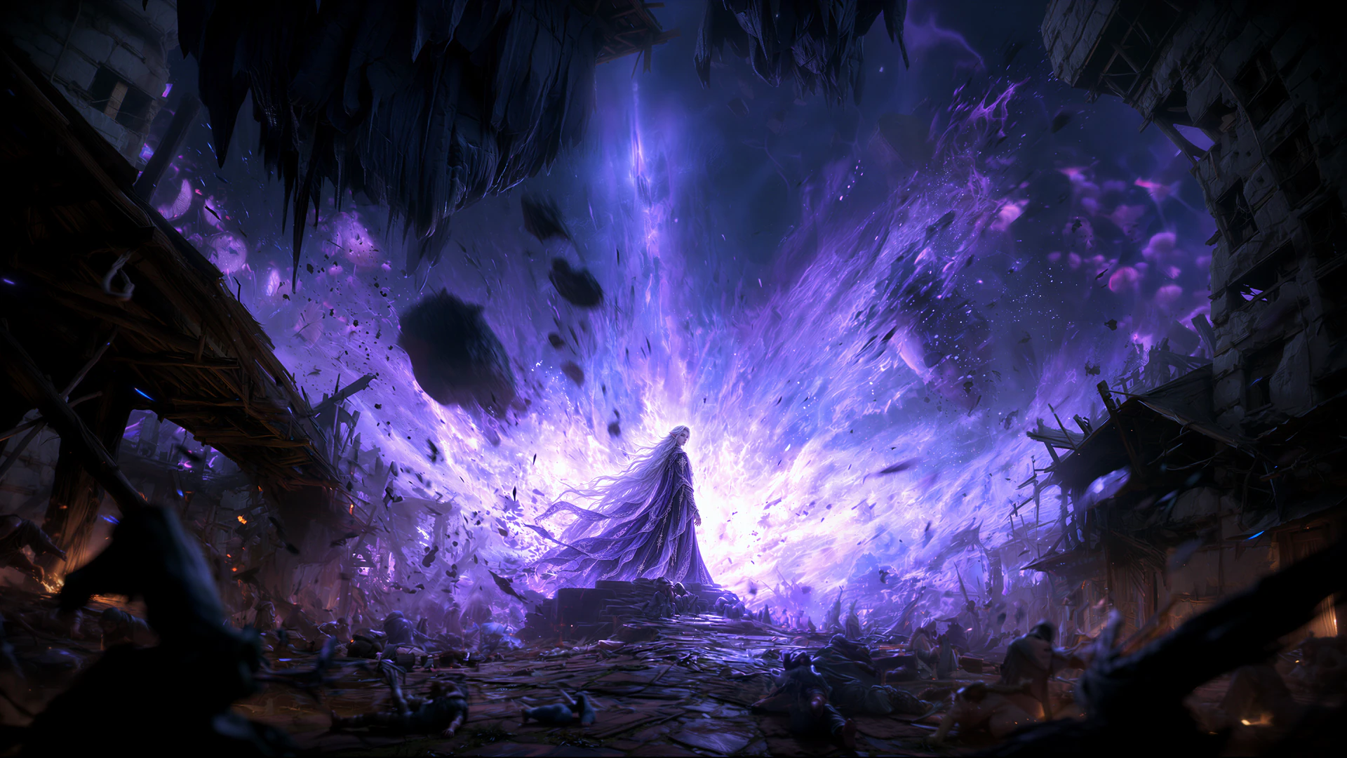 A lone figure faces a blinding violet explosion deep beneath the earth. Shattered bridges, falling rock, and magical debris turn the cavern into a breathtaki…
