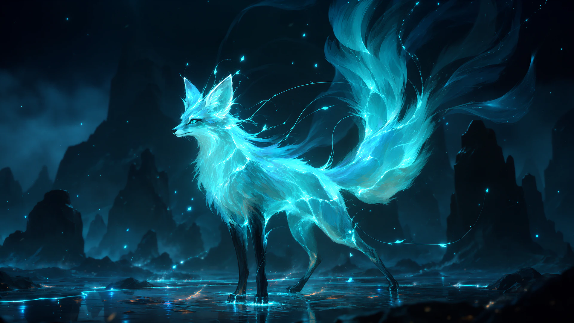 A luminous kitsune fox strides across dark waters in an otherworldly mountain realm. Its radiant cyan tails illuminate the mist, stars, and rippling reflecti…