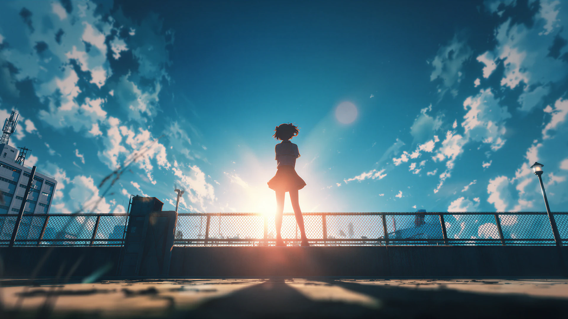 A solitary figure stands against a brilliant summer sky, bathed in golden sunlight. This emotionally evocative anime-style scene captures a moment of quiet s…